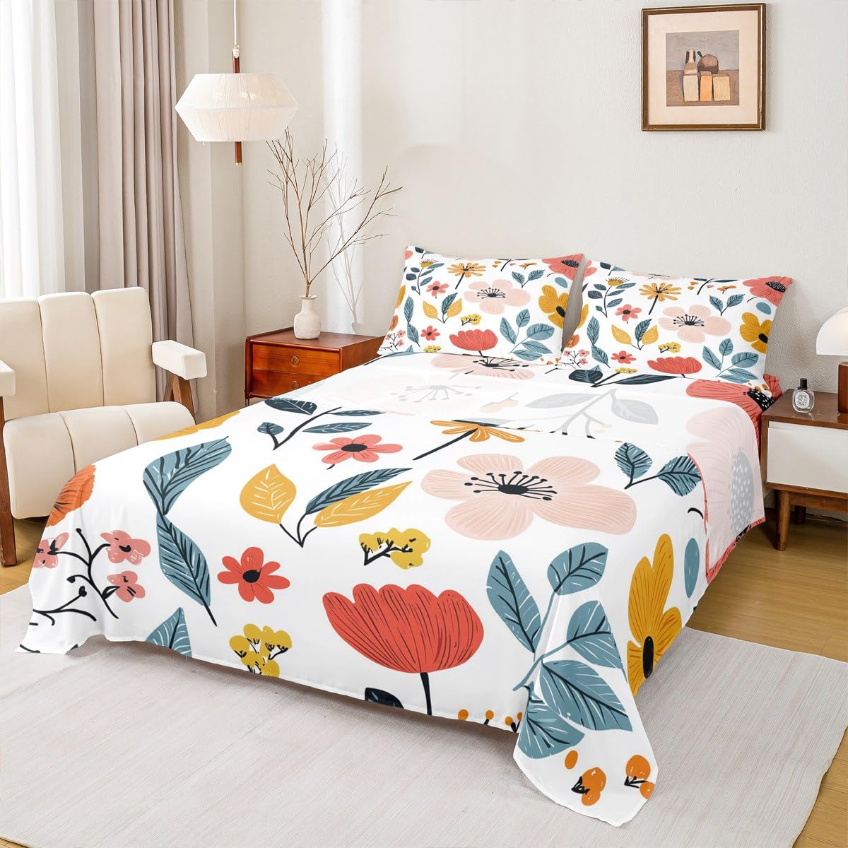 Erosebridal Full Floral Flat Fitted Sheet Rustic Flower Bedding Sets Pastoral Style Bed Sheets Set Green Leaves Branches Bedding Sets for Kids Adult Men Women, Colorful with 2 Pillow Cases