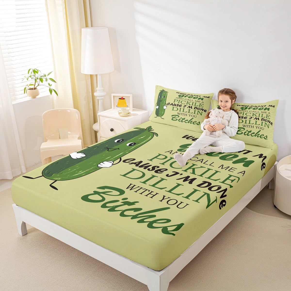 Feelyou Kids Pickles Sheet Set Twin Size Cute Pickles Bed Sheets Set for Boys Teens Decor Funny Cucumber Print Sheets with Deep Pocket Fitted Sheet Green Vegetable Bedroom 3Pcs