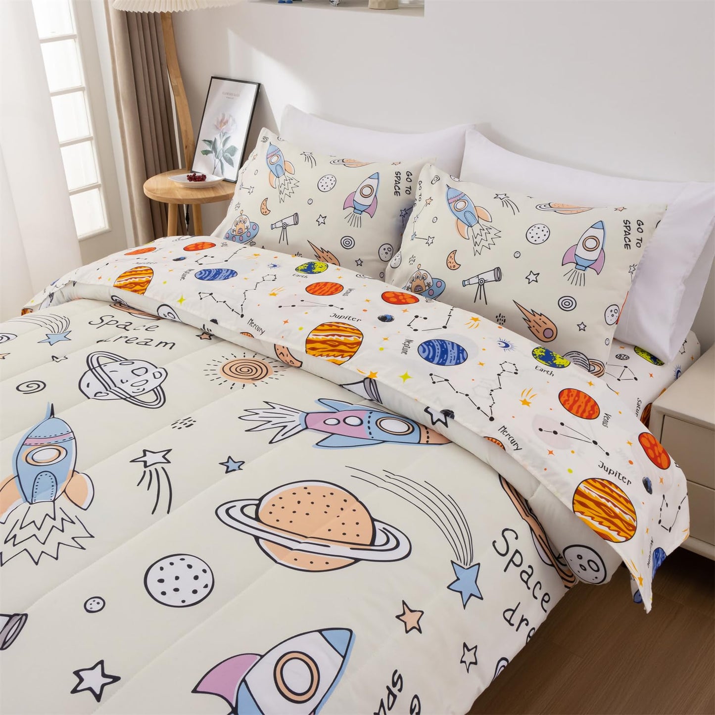 Aimuan Space Comforter Twin Set Kids Rocket Bedding Set Super Soft & Cute Aliens UFO Printed for Boys Girls Teen (Cream, Full 5Pcs)