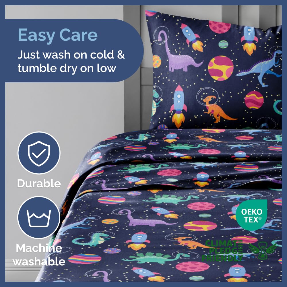 Kids Twin Size Bed Sheet Set - 3 Piece Kids Loft Bed Sheets - Space Dinosaur Themed Bedding - Soft, Cute - Breathable and Machine Washable - Colorful Dino Bed Set for Boys, Girls, Teens and Toddlers