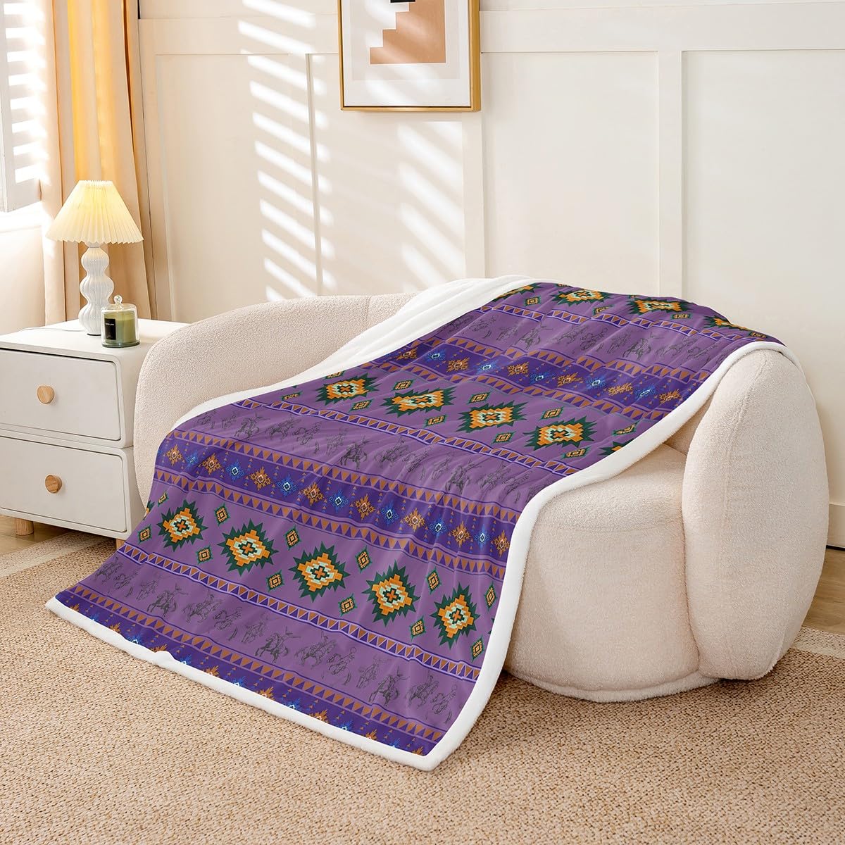 Feelyou Western Cowboy Sherpa Throw Blanket for Couch Southwestern Aztec Pattern Super Soft Cozy Fleece Horse Riding Design Blanket for Winter, Plush Throw Ranch Farmhouse 40"x50" Purple All Season