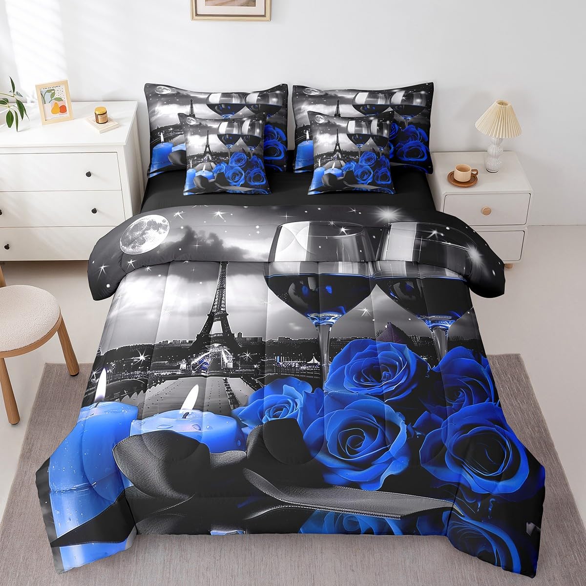 Erosebridal Rose Wine Glass 7 Pcs Comforter Set Full,Girls Eiffel Tower Bed in a Bag with Flat Sheet and Fitted Sheet,Blue Black Rose Floral Flower Romantic Bedding Set with Pillowcase & Sham,Grey