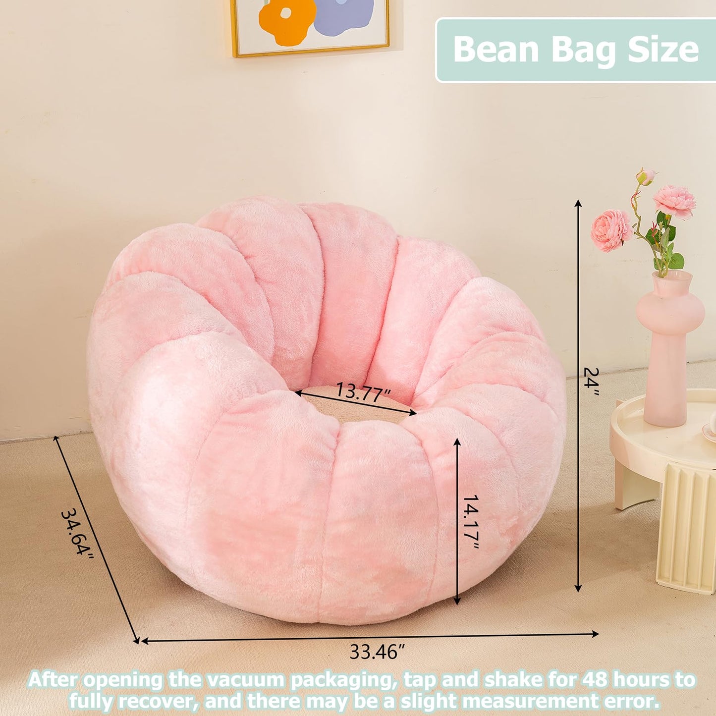 IEVENW Pumpkin Bean Bag Sofa Chair, Bean Bag Chair with Filler for Teens, Kids, Toddler, Comfy and Lazy Sofa for Dorm, Apartment, Living Room and Bedroom, Pink