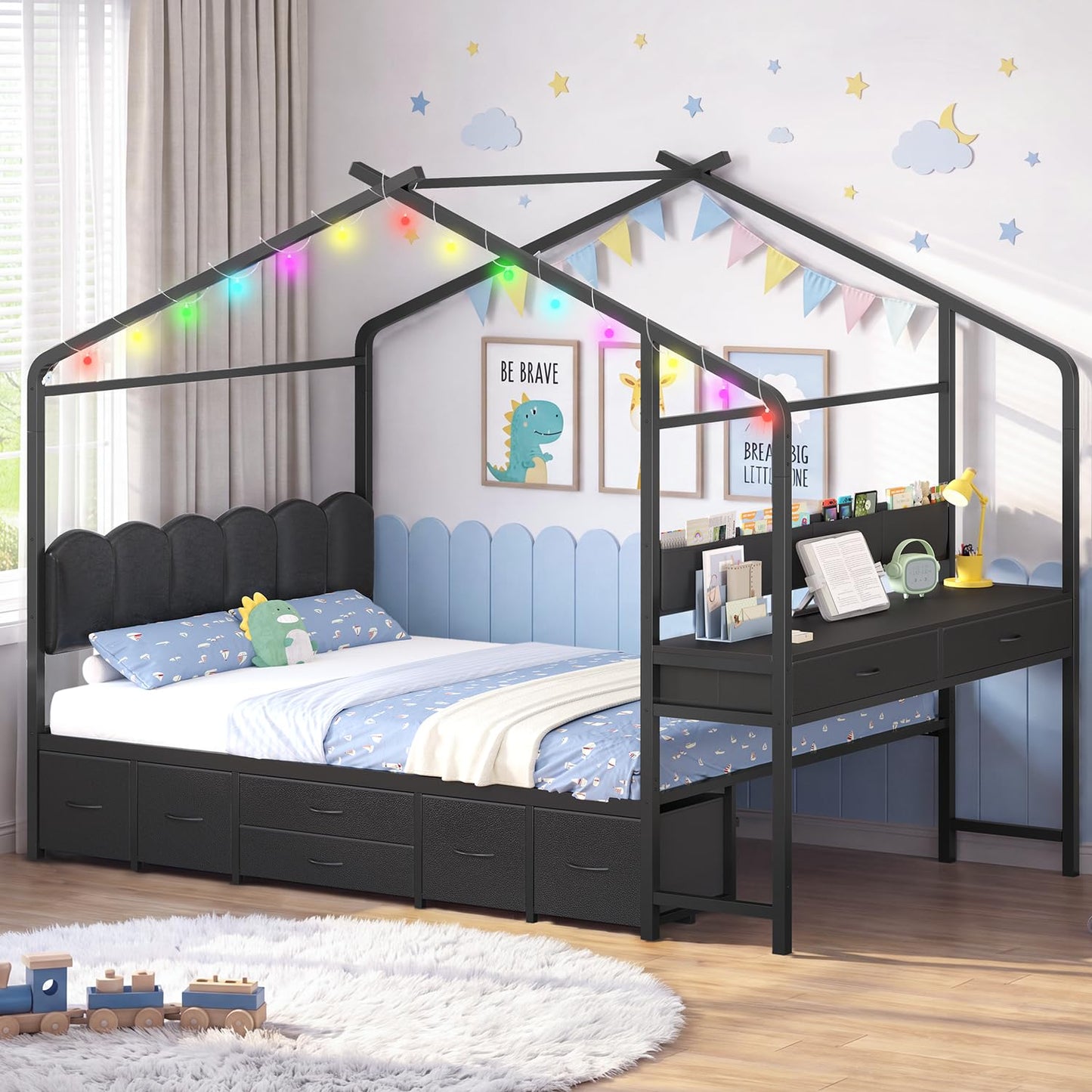 ADORNEVE House Bed with Desk,Full Kids Bed with Globe String Lights,Black