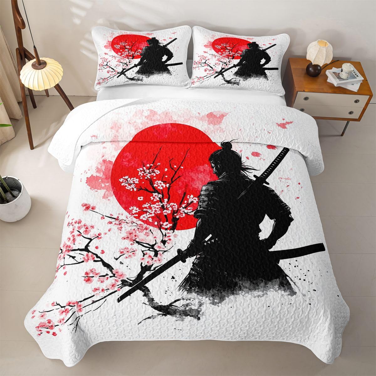 Erosebridal Geisha and Samurai Quilt Twin Size - Red Sun Bedspread Japanese Style Bed Coverlet with 1 Pillowcase