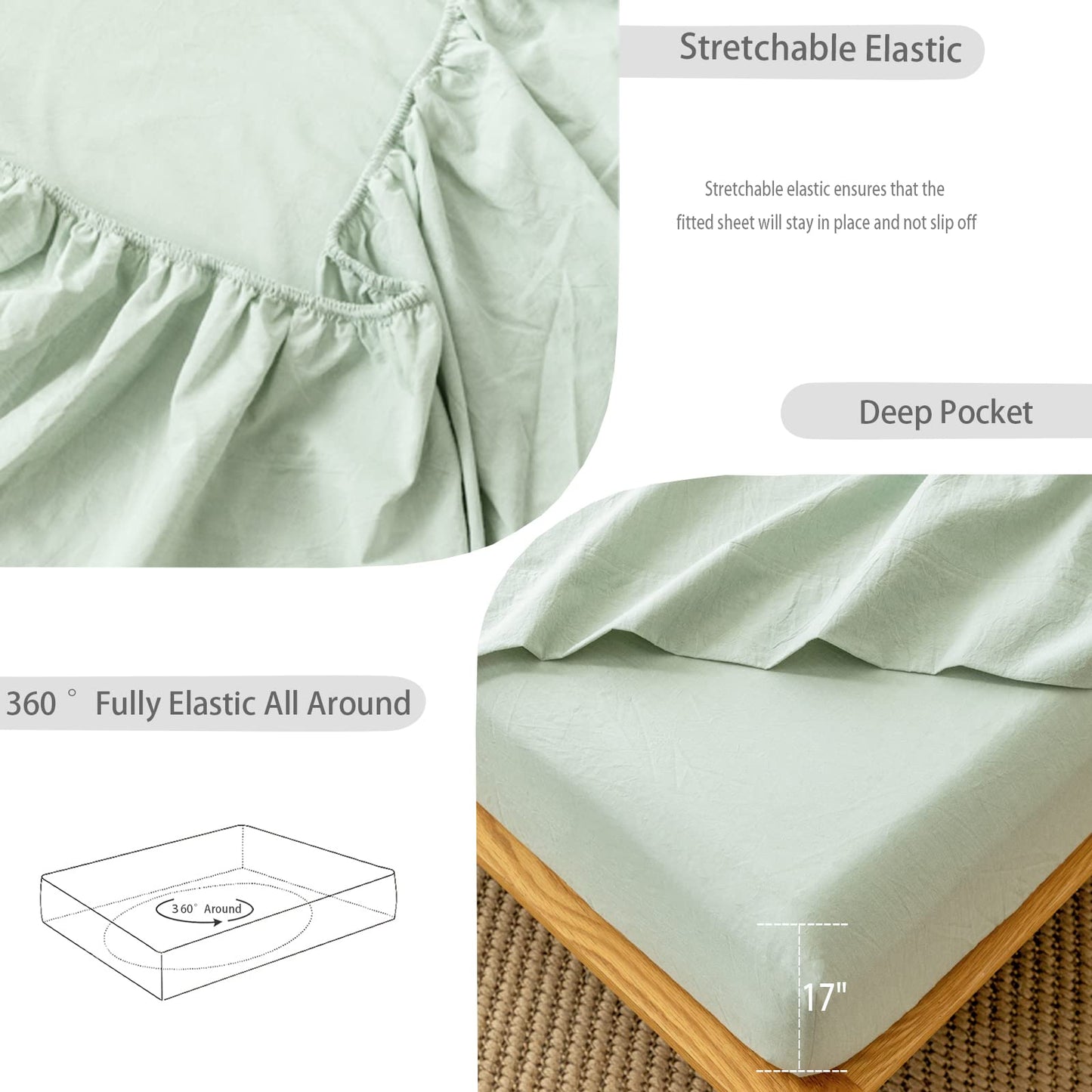 MooMee Fitted Bottom Sheet Only 100% Washed Cotton Linen Like Textured Breathable Durable Soft Comfy Deep Pocket Fits Mattress up to 17" (Sage Green, Queen)