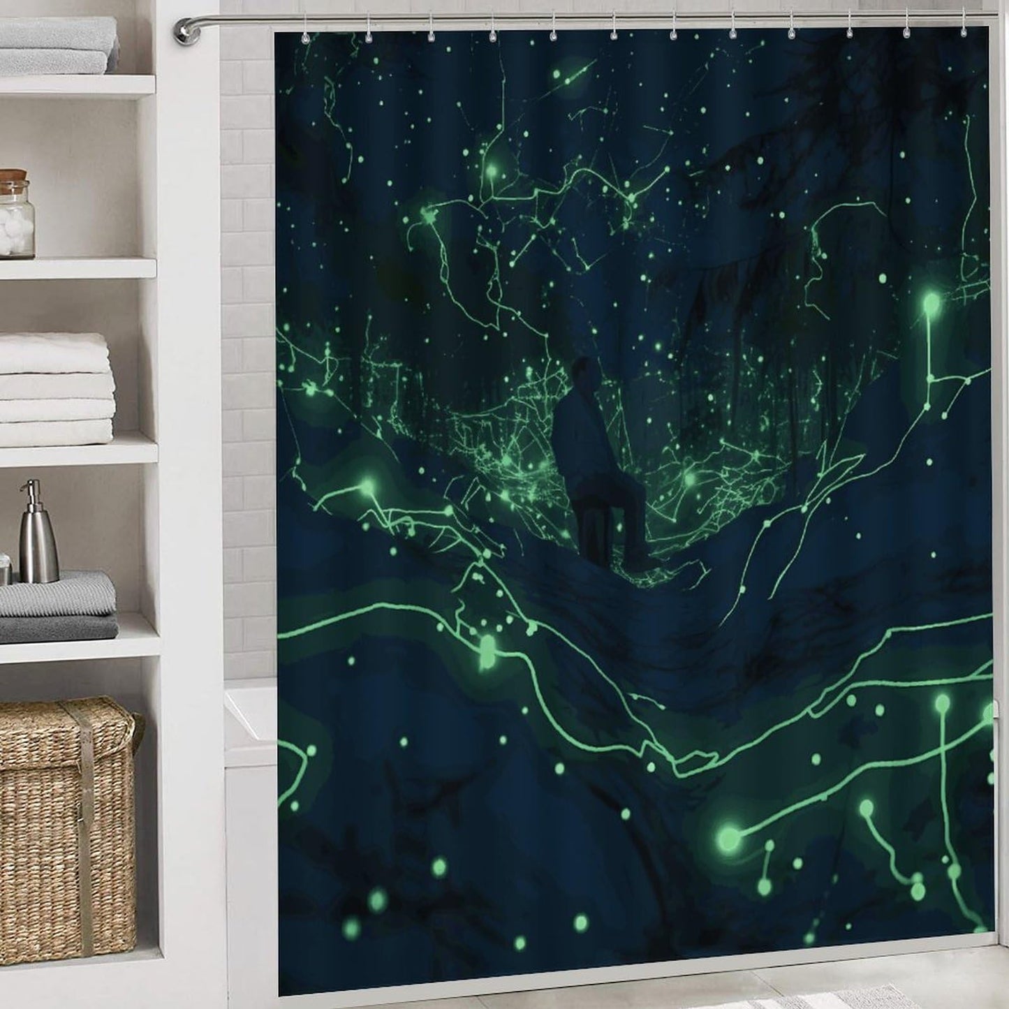 LMNGH Shower Curtain Set Glow in The Dark Bathroom 4 Set with Non-Slip Rugs Toilet Lid Cover and Bath Mat Waterproof Bath Accessories for Bathroom Decor Set 72" X 72"