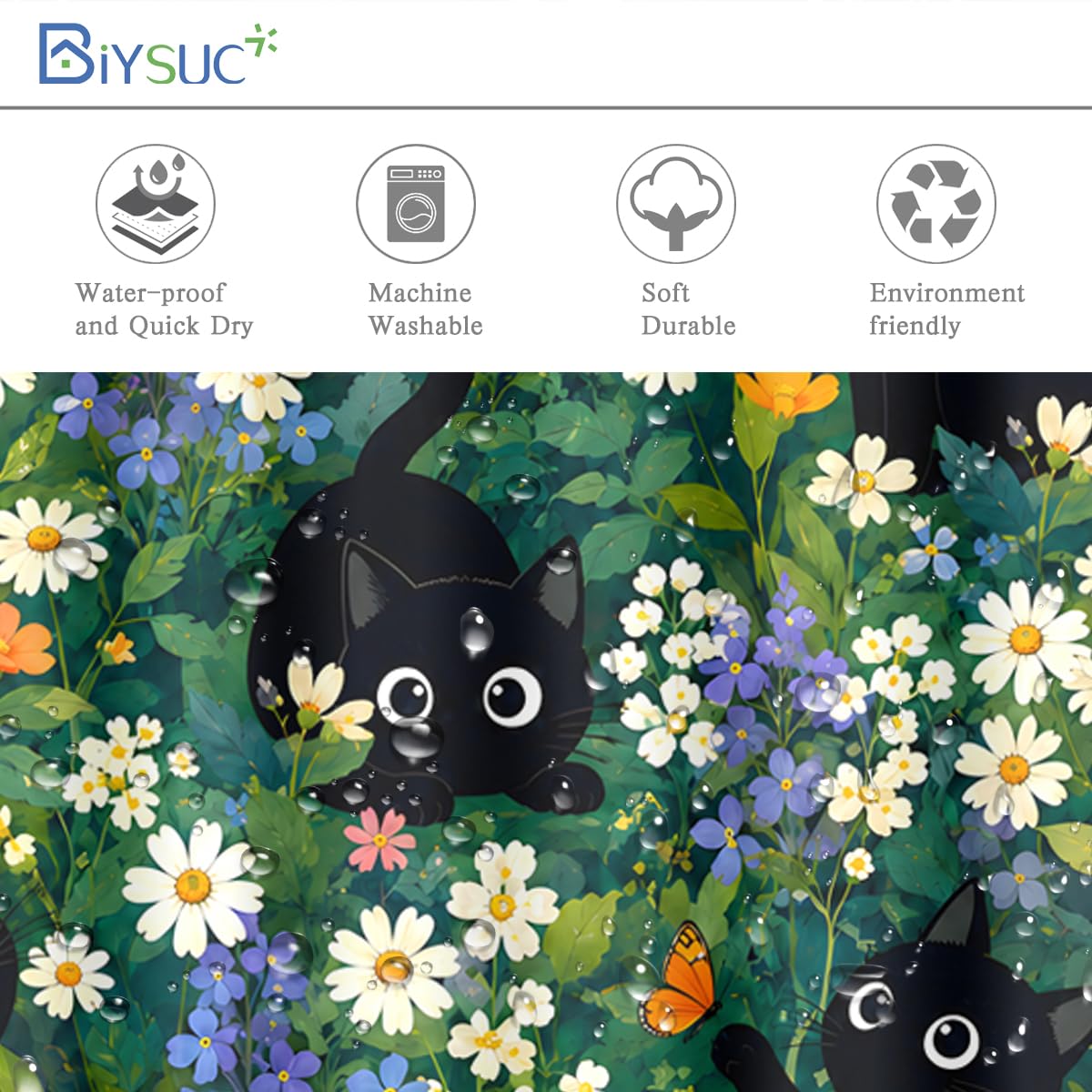 BIYSUC Cute Cat Shower Curtain Funny Boho Floral Daisy Flower Fun Kitten Animal Wildflower Farmhouse Bathroom Waterproof Polyester Fabric 72Lx72W Inch with Hooks
