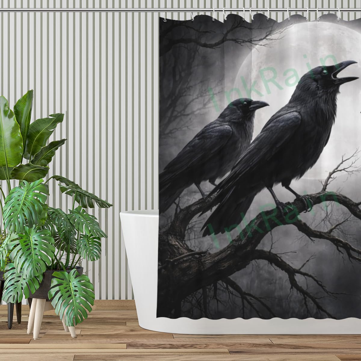 InkRain Gothic Raven Shower Curtain with 12 Hooks Full Moon Crow Halloween Bathroom Decor Dark Fantasy Waterproof Polyester Fabric Bath Curtain 70x84 Inch