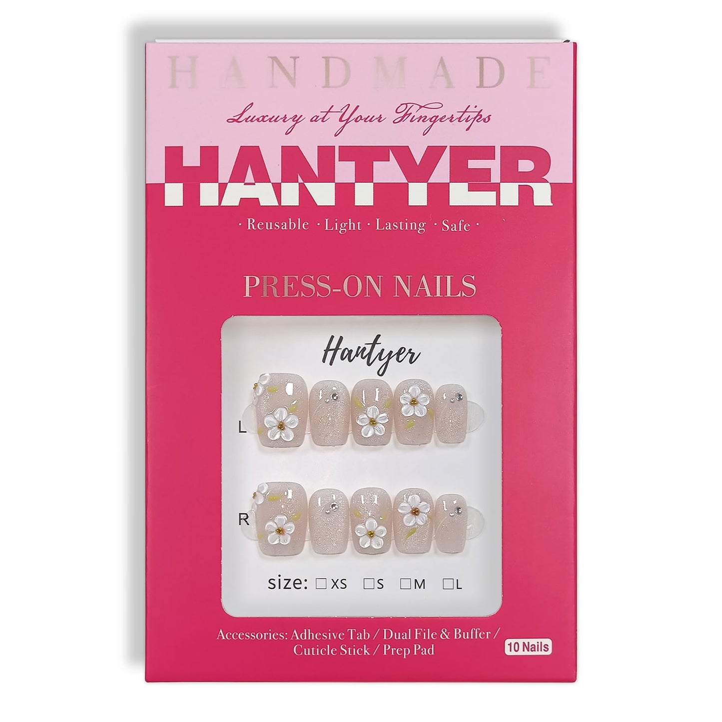 Hantyer 10pcs Press On Nails Sweet Style - Nude Cat Eye with White 3D Embossed Flowers, Short Square Shape, Glossy Shine, Reusable Fake Nails Easy to Apply & Carry for Parties (Size M)