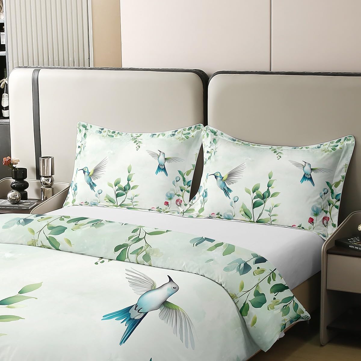 Erosebridal Turquoise Hummingbird Full Bedding Set, Abstract Grass Green Leaf 100% Cotton Duvet Cover for Kids Adults, Boho Mint Green Comforter Cover, Watercolor Botanical Aesthetic Bedclothes