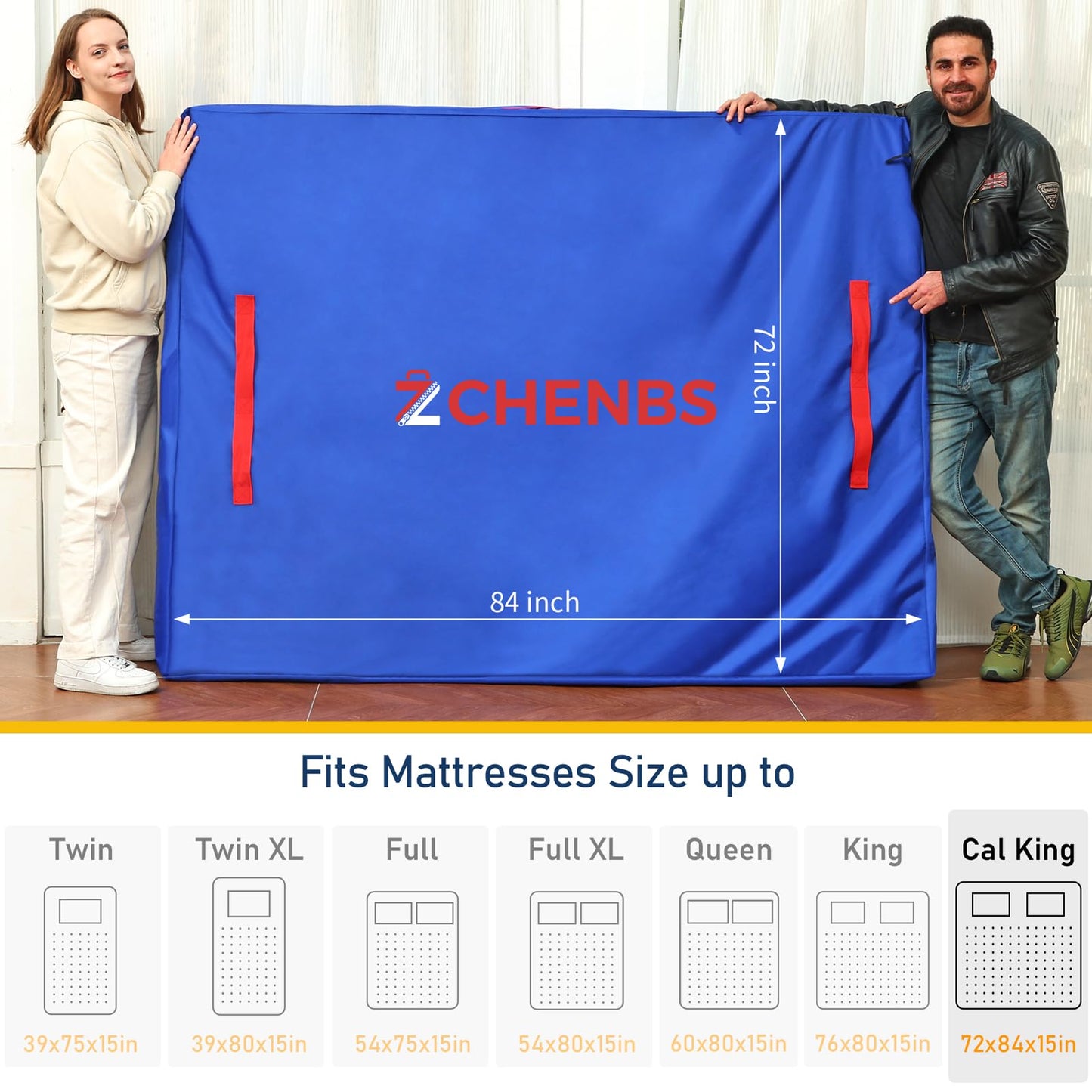 ZCHENBS Cal King Mattress Bags for Moving, Mattress Storage Bag with 12 Reinforced Handles & Strong Zipper, Heavy-Duty Waterproof Mattress Cover Bed Protector Reusable Moving Supplies, Blue