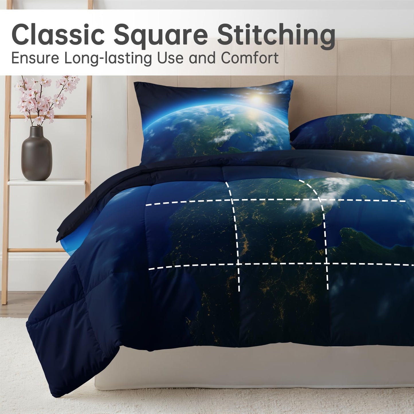 Earth Comforter Set Queen Size 3 Pcs - All Season Comforter & 2 Pillowcases, Space Planet Bedding Set, Soft Lightweight Down Alternative Duvet Insert, Boys Astronomy Bedroom Decor