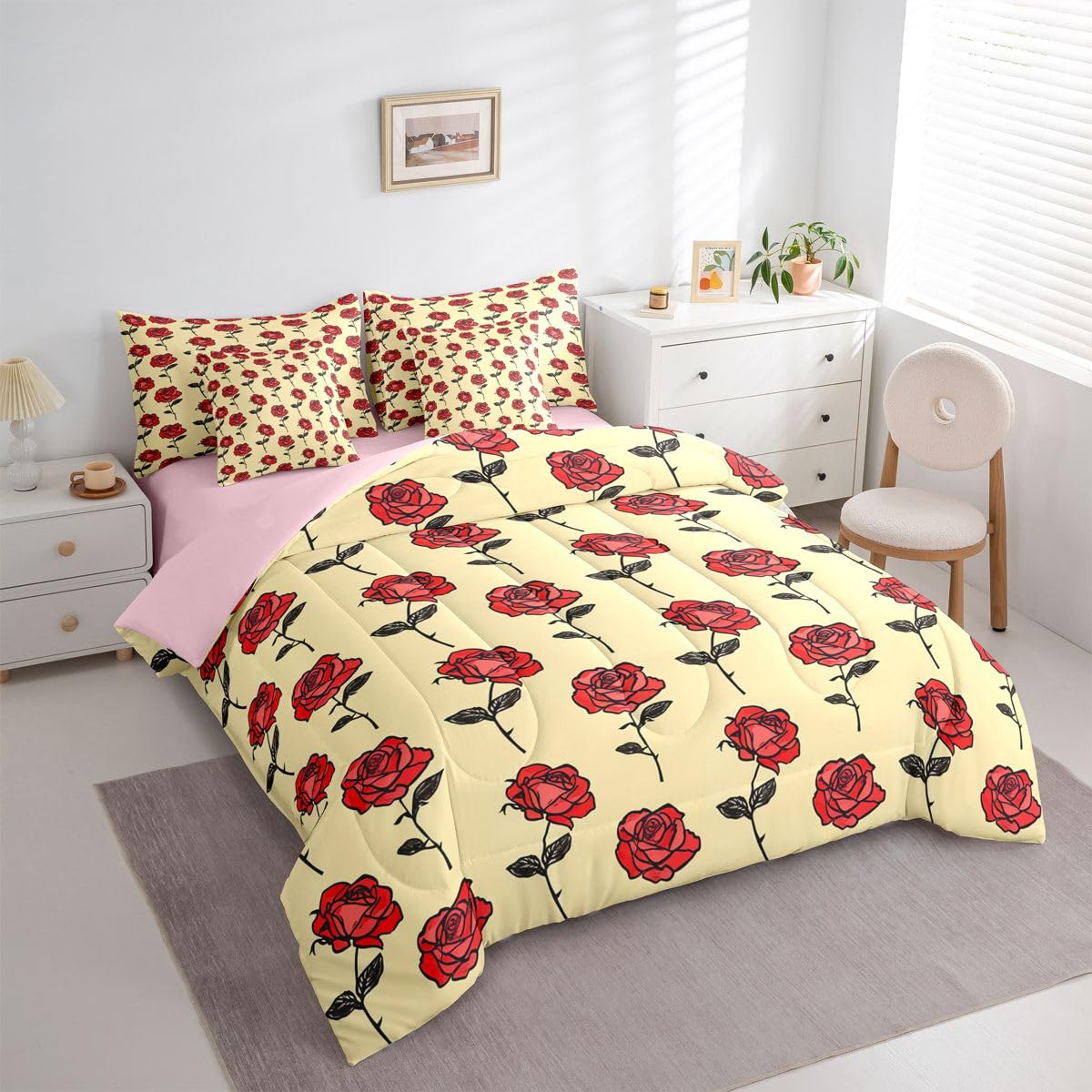 Erosebridal Flower 7 Piece Bedding Set Twin Rose Comforter Set with Sheets Simple Line Drawing Florals Romantic for Kids Boys Girls Red Roses Farmhouse Botanical Bed in a Bag