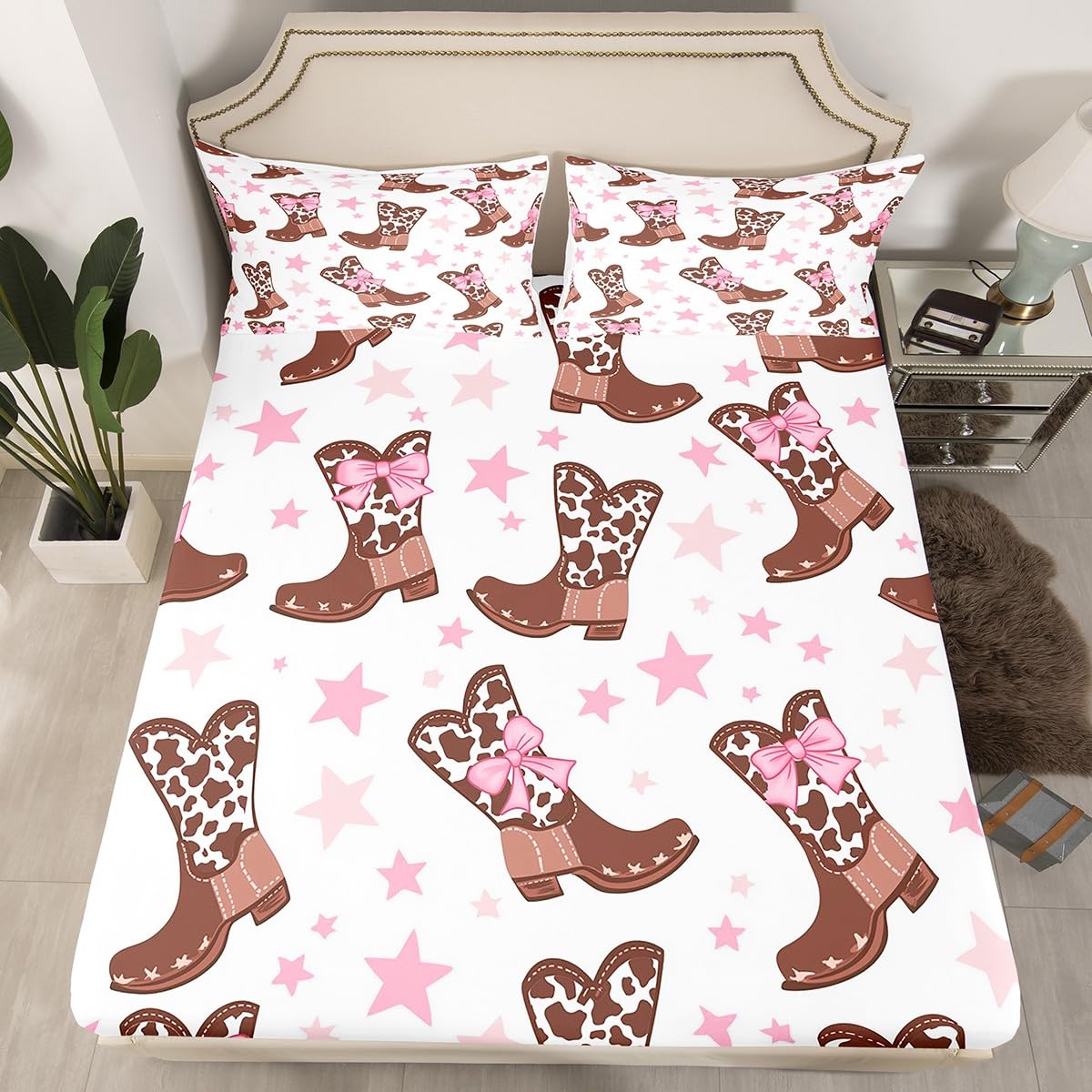 Feelyou Kids Full Size Pink Cowgirl Bed Sheet Set - Cowboy Boots Fitted Sheet, Cute Stars Print Bedding, Kids Boys Girls Kawaii Bed Cover, Lightweight (No Flat Sheet)