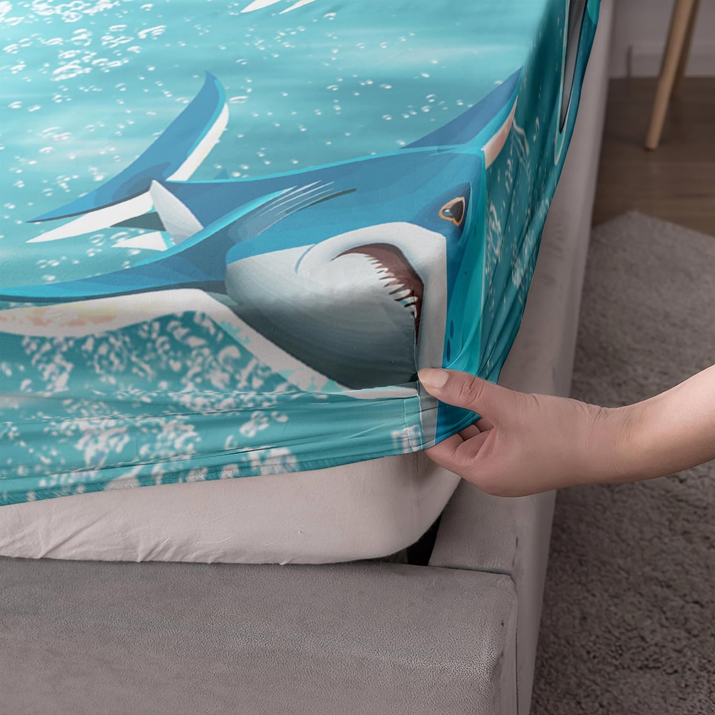 HOSIMA Teens Shark Print Fitted Sheet Set,Shark Swimming in The Underwater World Pattern Bedding Sets Full Size,Ocean Animal Theme Fitted Sheet for Kids Boys Room Decor,1 Fitted Sheet+2 Pillowcases.