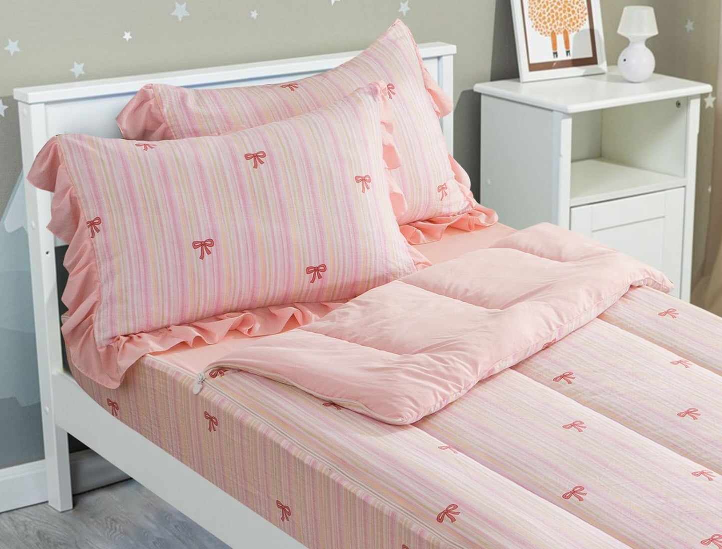 Meeting Story 3pcs Kids Comforter Set Twin Zipper Bedding Set for Girls,Bow Bedding Set Princess Comforter Set for Kid,All in one Zipper Bedding（Lightpink,Twin）