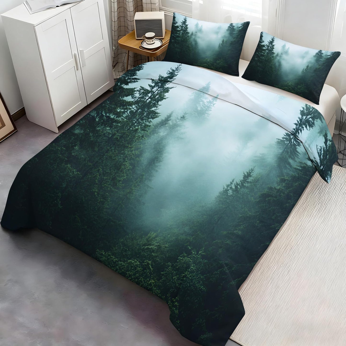 GKPLY Misty Pine Forest Duvet Cover Cal King, Foggy Mountain Bedding Sets, Woodland Landscape Comforter Set, Zipper & Ties, Calm Nature Duvet Cover & 2 Pillow Cases, Reversible Print