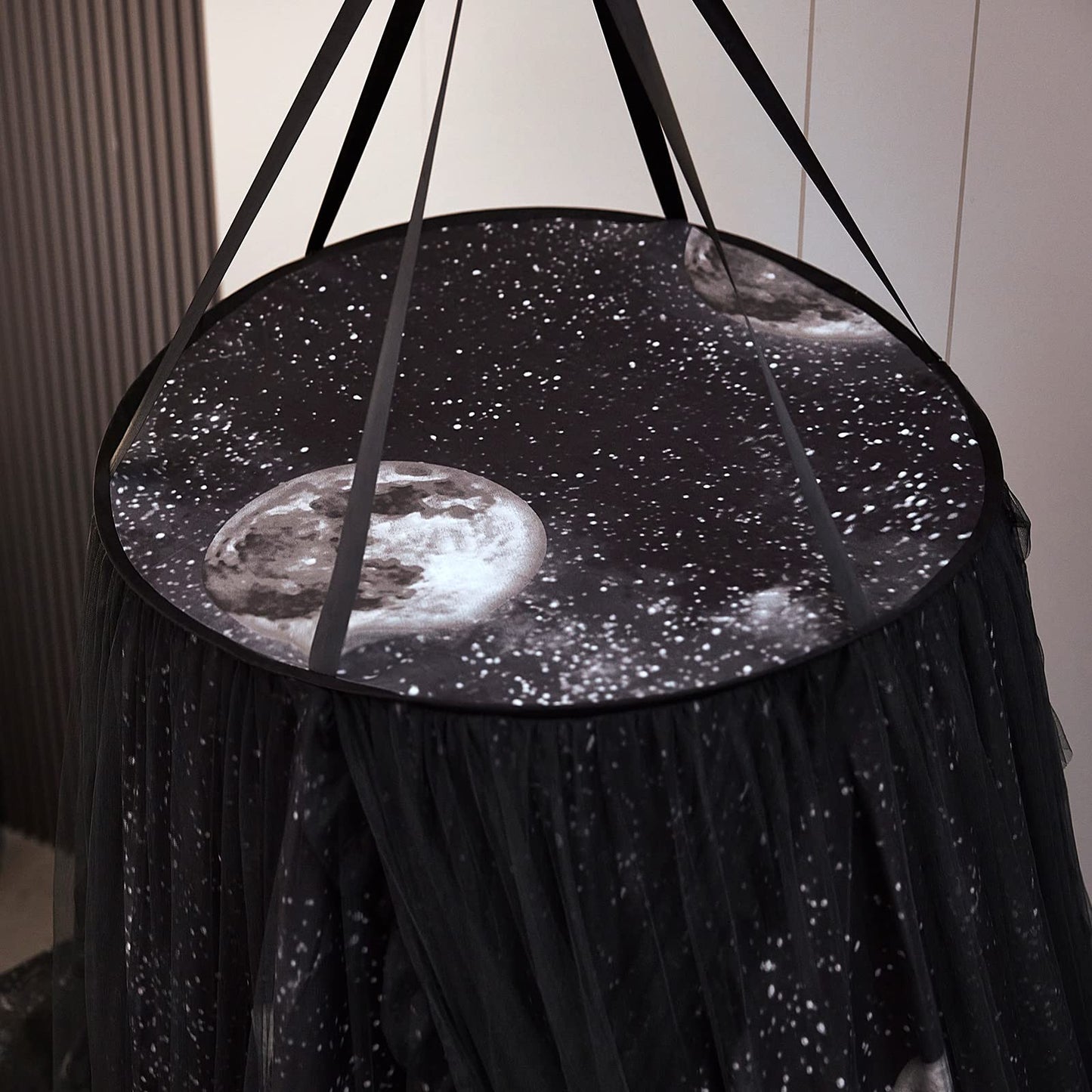 Kertnic Gorgeous Moon Printed Printed Bed Canopy for Girls & Adults, Room Decorative Cozy Bed Curtain Canopy Drapes, Round Dome Luxurious Lace Princess Canopies Mosquito Netting (Print Moon)
