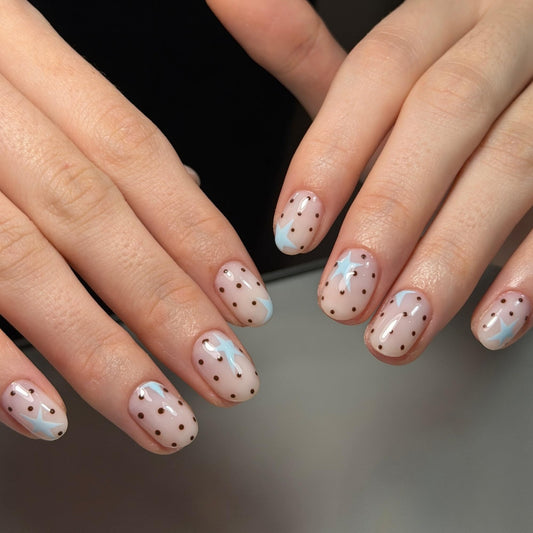 octoswave Press on Nails Short Oval Glossy Fake Nails with Star and Polka Dot Designs for Women DIY Manicure 24 Pcs