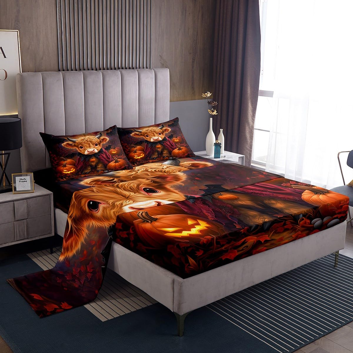 Erosebridal Cow Bed Set Farm Animal Bed Sheets Set Autumn Harvest Pumpkin Flat Fitted Sheet for Kids Adults Men Women, Halloween Orange Bedding Sets for Bedroom Decor Full with 2 Pillow Cases