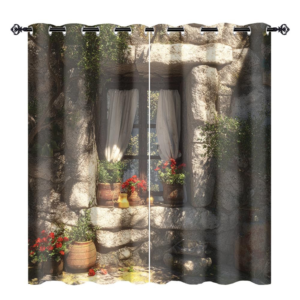 XSUPFLYM Beautiful Retro Spring Garden Window Perforated Curtains Romantic Retro Stone Wall Plant Flowers Pattern Thermal Curtains Suitable for Bedroom 2 Panels Each 21" W x 45" L