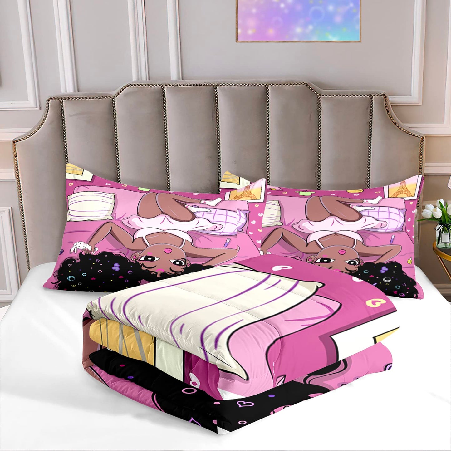 Jiospet Black Girl Comforter Set African Girls Full Comforter Set, Girl Full Size Girls Bedding Set, Full Size Comforter Sets for Teen Adults, Pink, 1 Comforter+2 Pillowcases