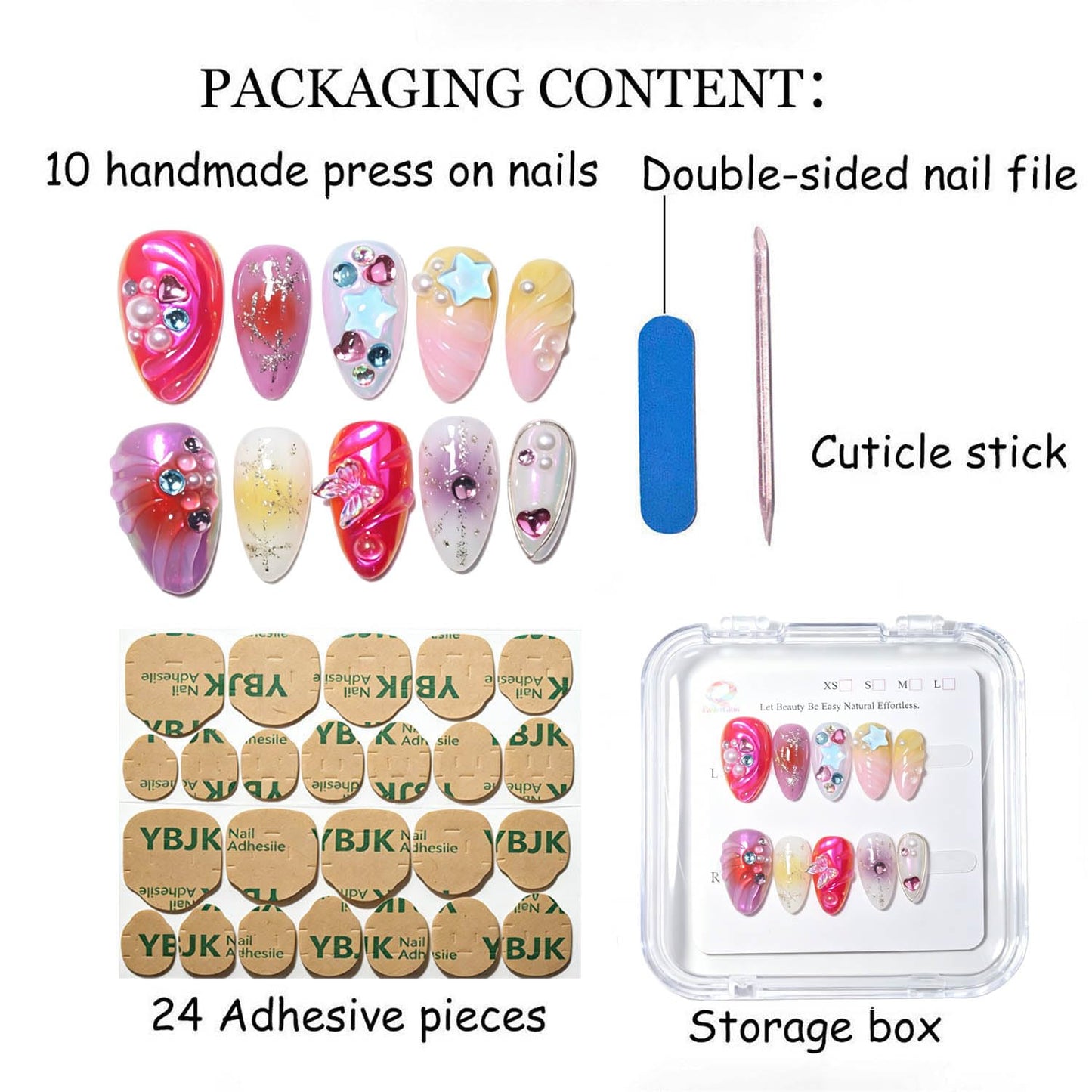 EasierGlow 10 Pcs Handmade Short Almond Press On Nails - Easy Apply & Remove, Reusable & Salon Quality | Y2K Multicolor Press Ons with 3D Butterfly, Star & Swirl Sculpted Accents(UO07, S)