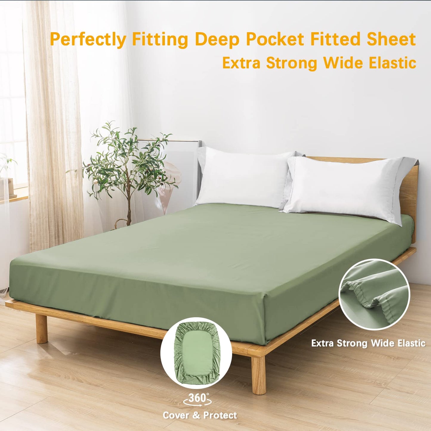 MILDLY Deep Pocket Fitted Sheet Only Queen Size 60"x80" 100% Long Staple Cotton Tea Green Breathable Bottom Sheet Fits Up to 14" Deep Mattress