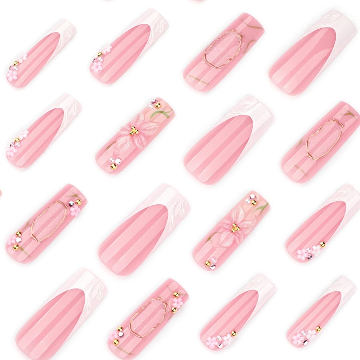 plalely White Press on Nails Square Long 3D Flowers Press on False Nails Gold Embossed Charms Stick on Nail for Women 24pcs