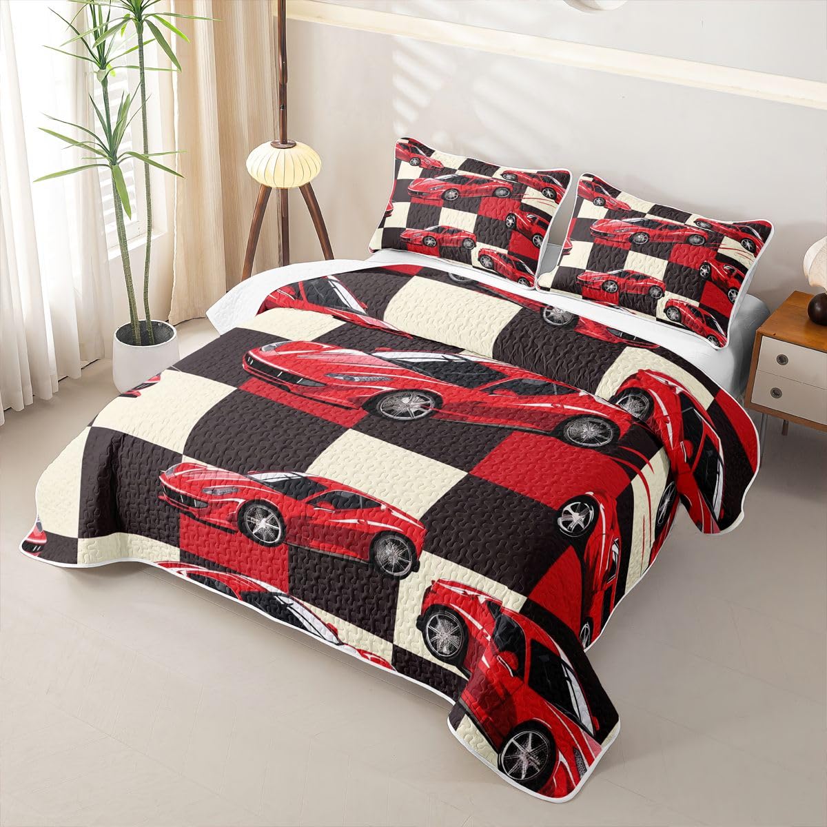 Erosebridal Red Racing Car Quilt Twin Cool Speed Race Car Quilt Set for Kids Boys Teens Adults Extreme Sport Coverlet Grid Buffalo Bedspread with 1 Pillowcase