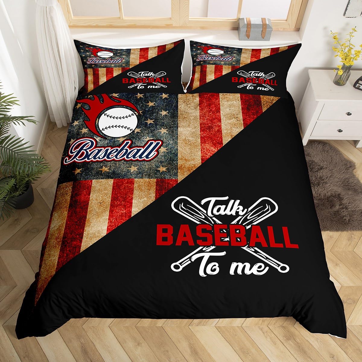 Baseball Boys Duvet Cover Set King Size,American USA Flag Retro Bedding Set,Kids Girls Adults Bedroom Decor,Baseball Bats Sport Games Comforter Cover,Black Splicing Quilt Cover,3pcs,2 Pillowcases