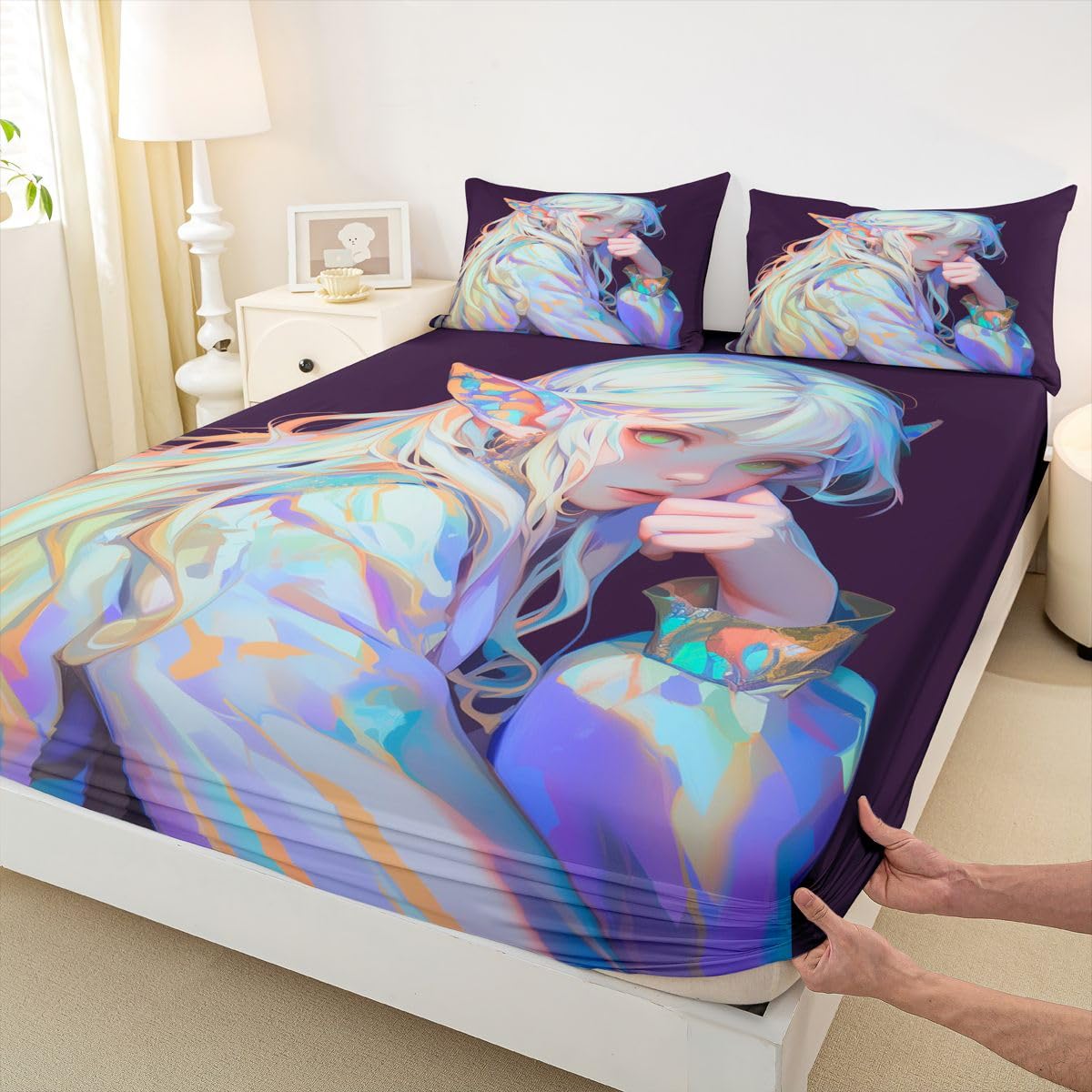 Anime Girl Bed Sheets 3D Japanese Bedding Set Kawaii Girly Fitted Sheet with Deep Pocket, Anime Lovers Gifts Fitted Bed Sheets Soft Lightweight Sheets for All Season, Twin 2Pcs