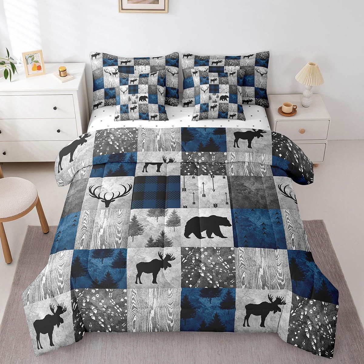 Erosebridal 7 Pcs Hunting Animal Comforter Set Twin Size,Rustic Bear Deer Bed in a Bag with Flat Fitted Sheet for Kids and Adults,Camper Plaid Check Bedding Set with Pillowcases and Cushion Cases