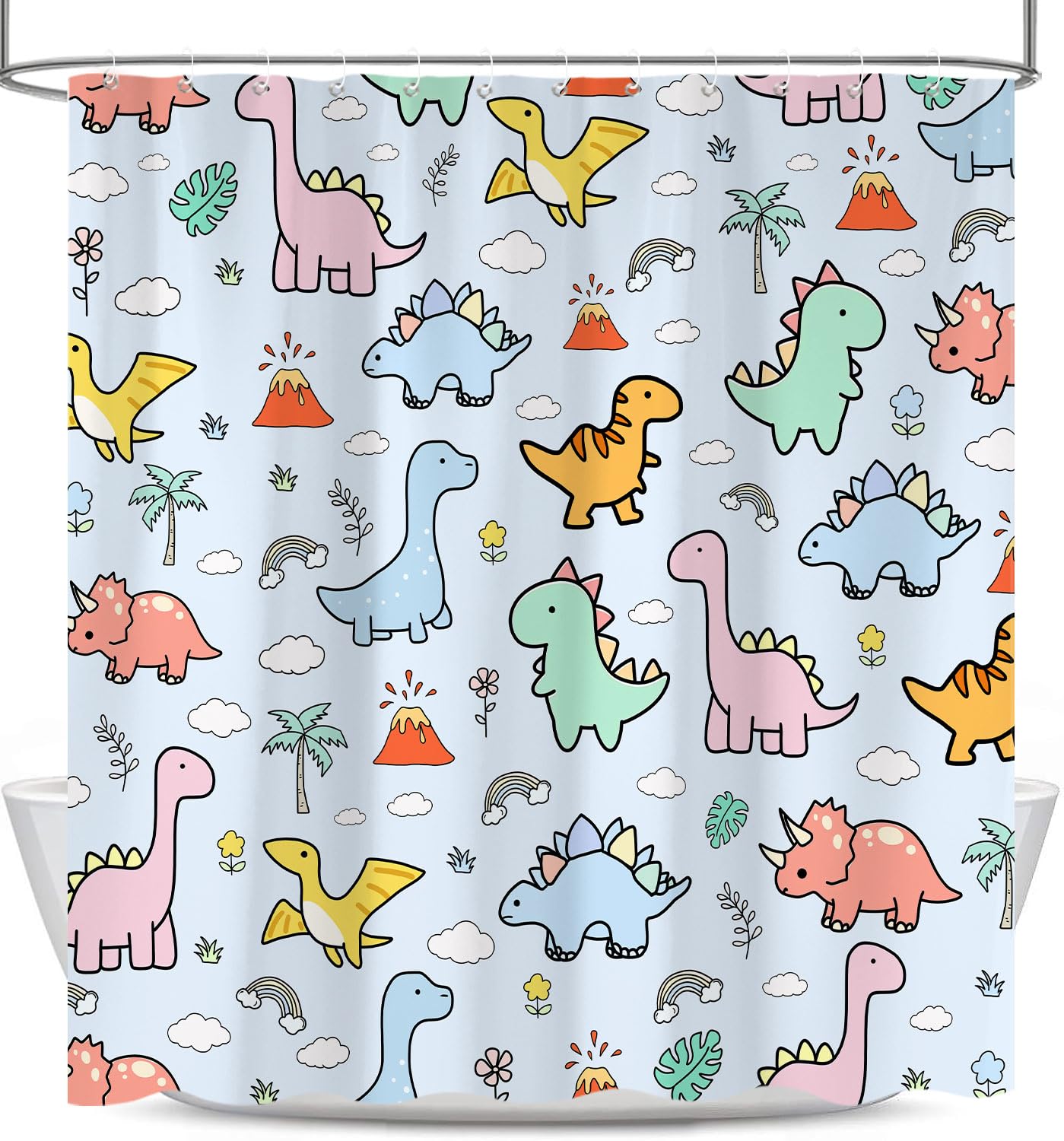 Pyrence Cartoon Dinosaur Shower Curtain, Funny Kids Theme Dino Shower Curtains for Bathroom, Cute Rainbows Clouds Volcanoes Palm Trees Decor Polyester Fabric Shower Curtain Sets 12 Hooks 72X72 in