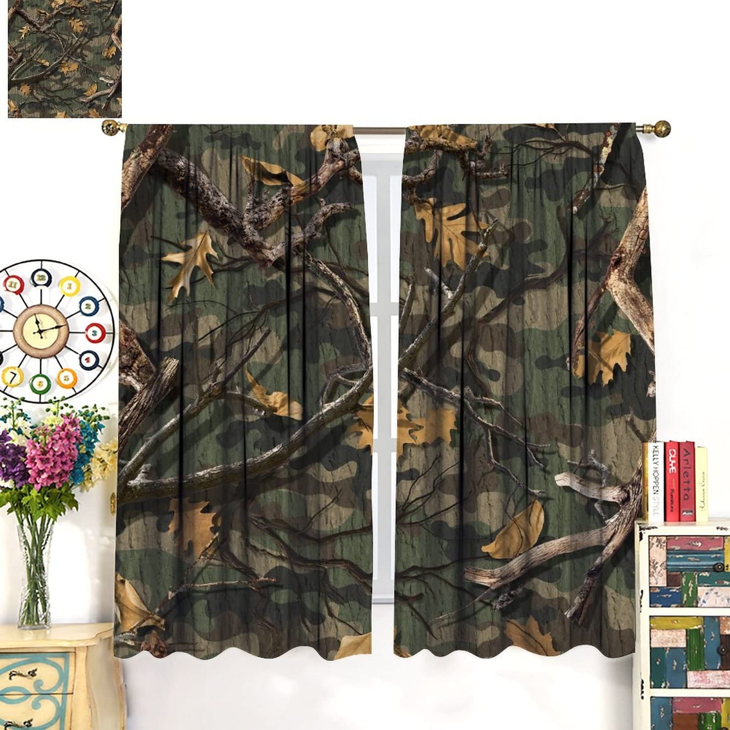 Camouflage Window Curtains,Forest Camo Branches Leaves Hunting Camp Cabin Balckout Window Drapes for Living Room Bedroom Kitchen Decor W42xL45in
