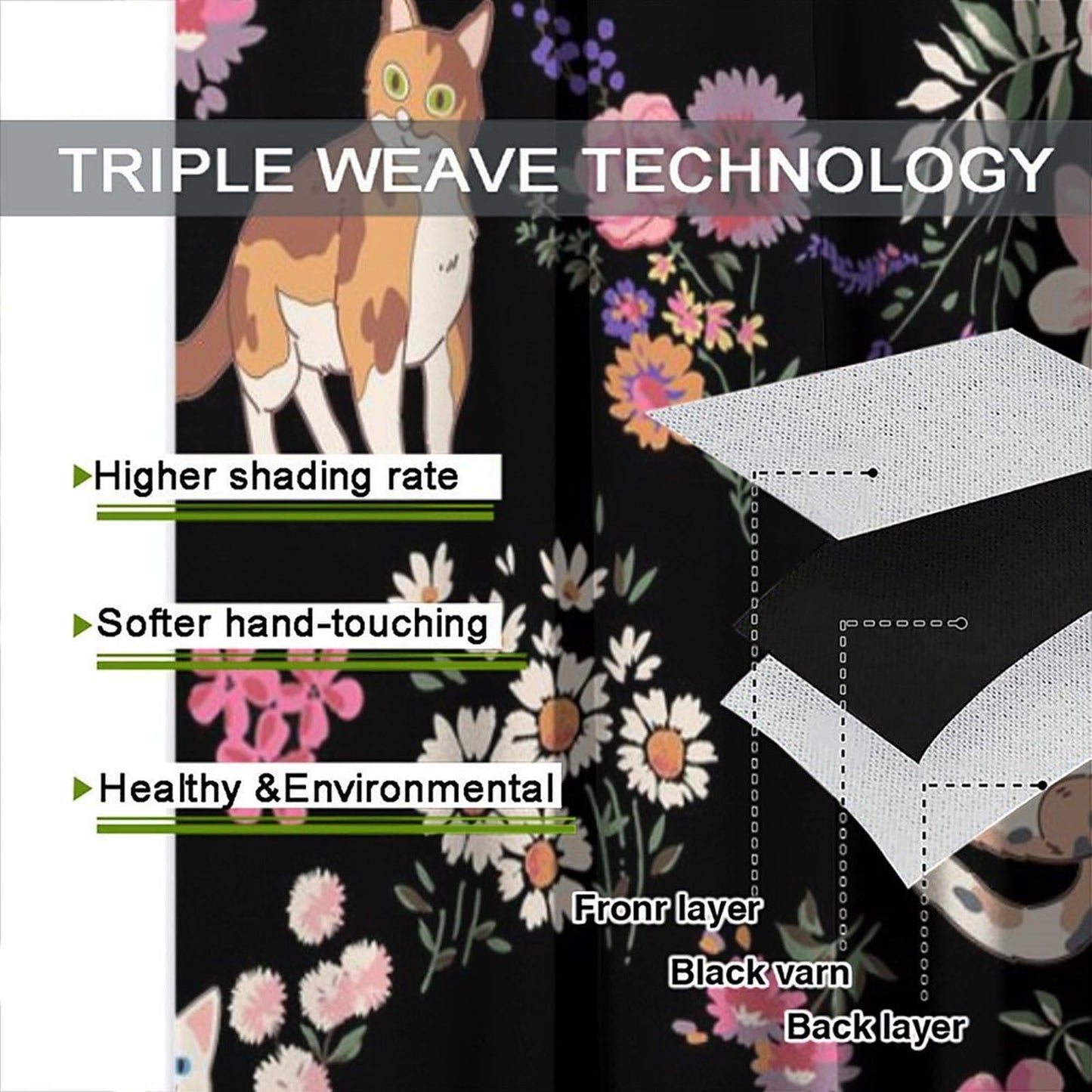 Hazuff Cartoon Cat Girls Curtains,Natural Simple Watercolor Cute Pet Cat Animal Flower Windows Treatments Rod Pocket Drapes for Kids Living Room Bedroom Bathroom 42x44.5in