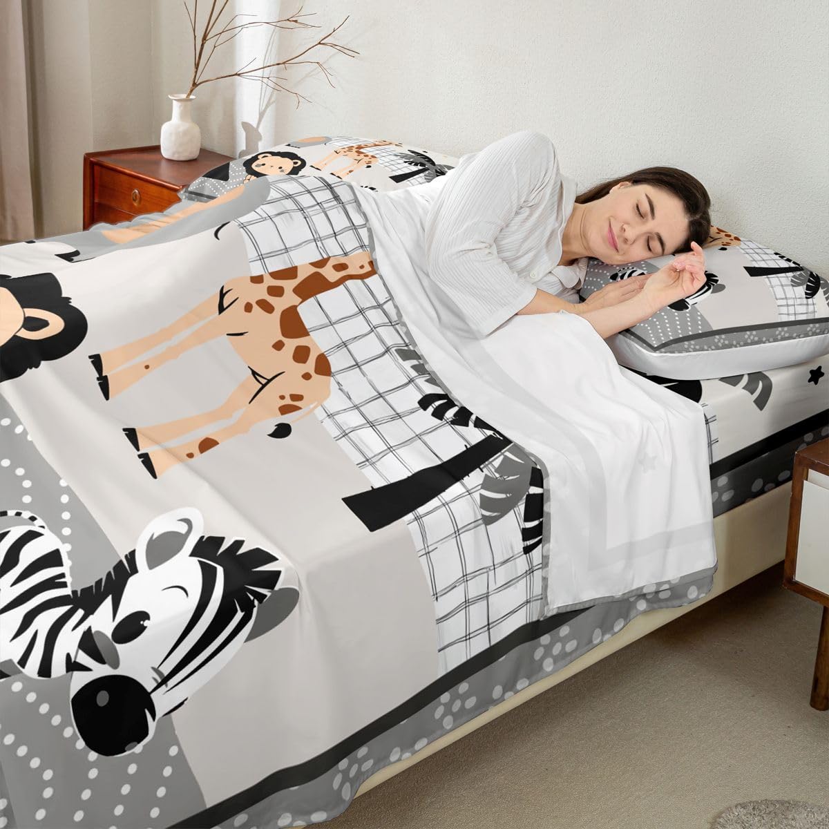 Erosebridal Jungle Animals Sheet Set Full Elephant Giraffe Lion Zebra Bed Sheets for Kids Boys Girls Hunter Brown Rust Wildlife Flat Fitted Sheet Cute Cartoon Animals Sheets 3 Pcs