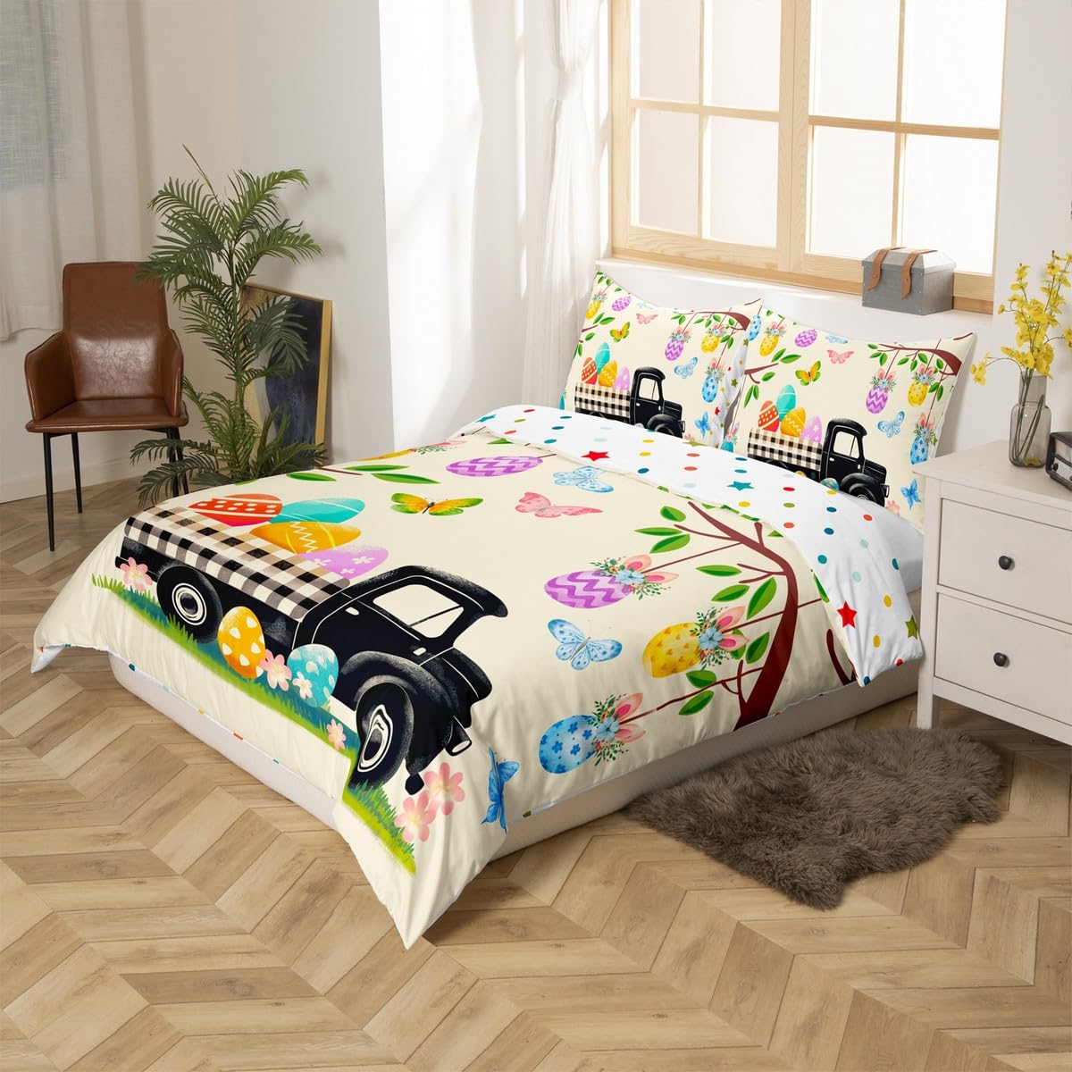 Easter Eggs Duvet Cover Black and White Buffalo Plaid Truck Bedding Set Happy Easter Themed Easter Egg Rabbit Comforter Cover Queen,Green Leaves Tree Branches Kawaii Room Decor Easter Decorations