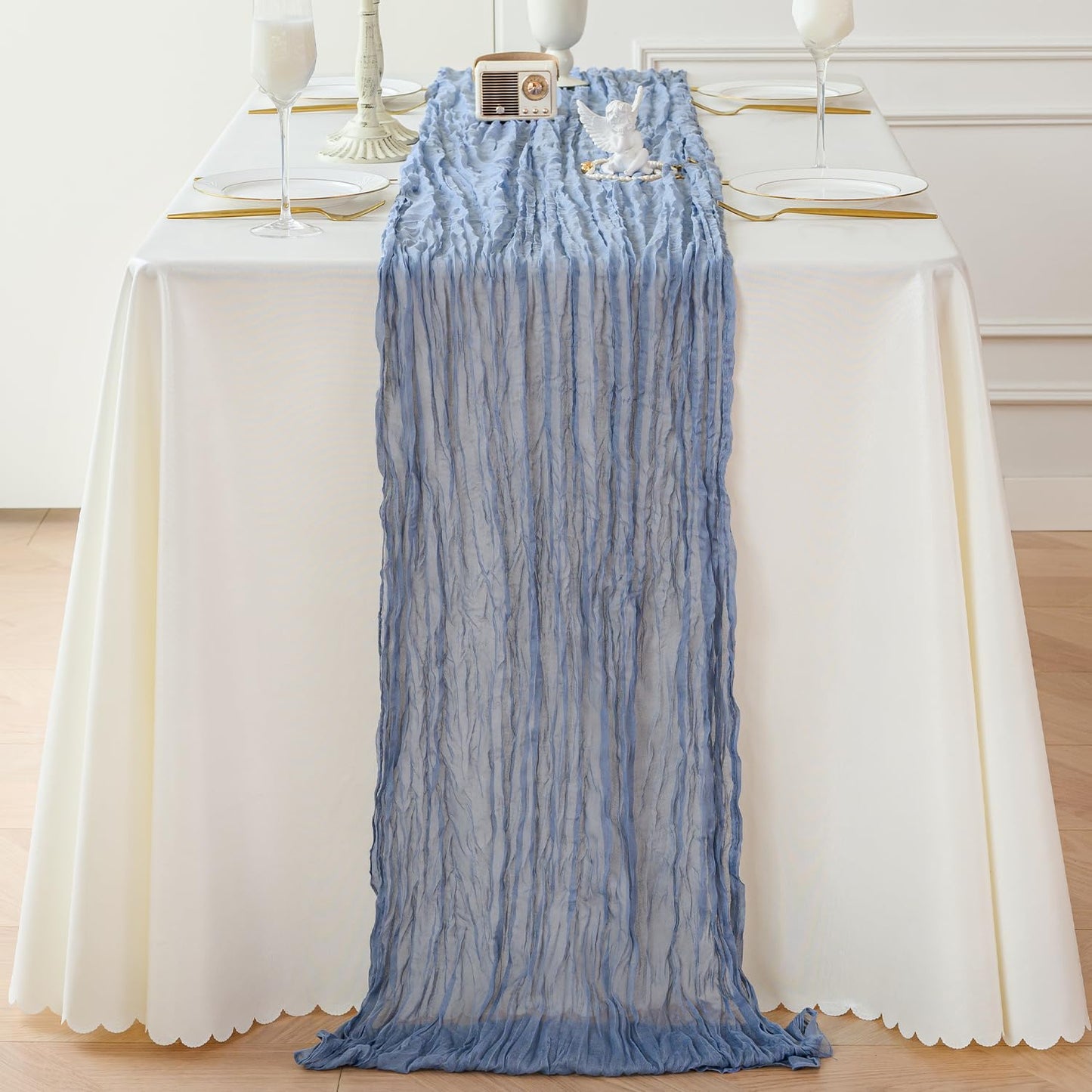 Sioloc Dusty Blue Cheesecloth Table Runner 120'' x 35'',Spring Easter Decor Soft Gauze Boho Wedding Table Decor for 10ft Table Birthday Party,Baby Shower, Bridal Shower, Home & Event Decor