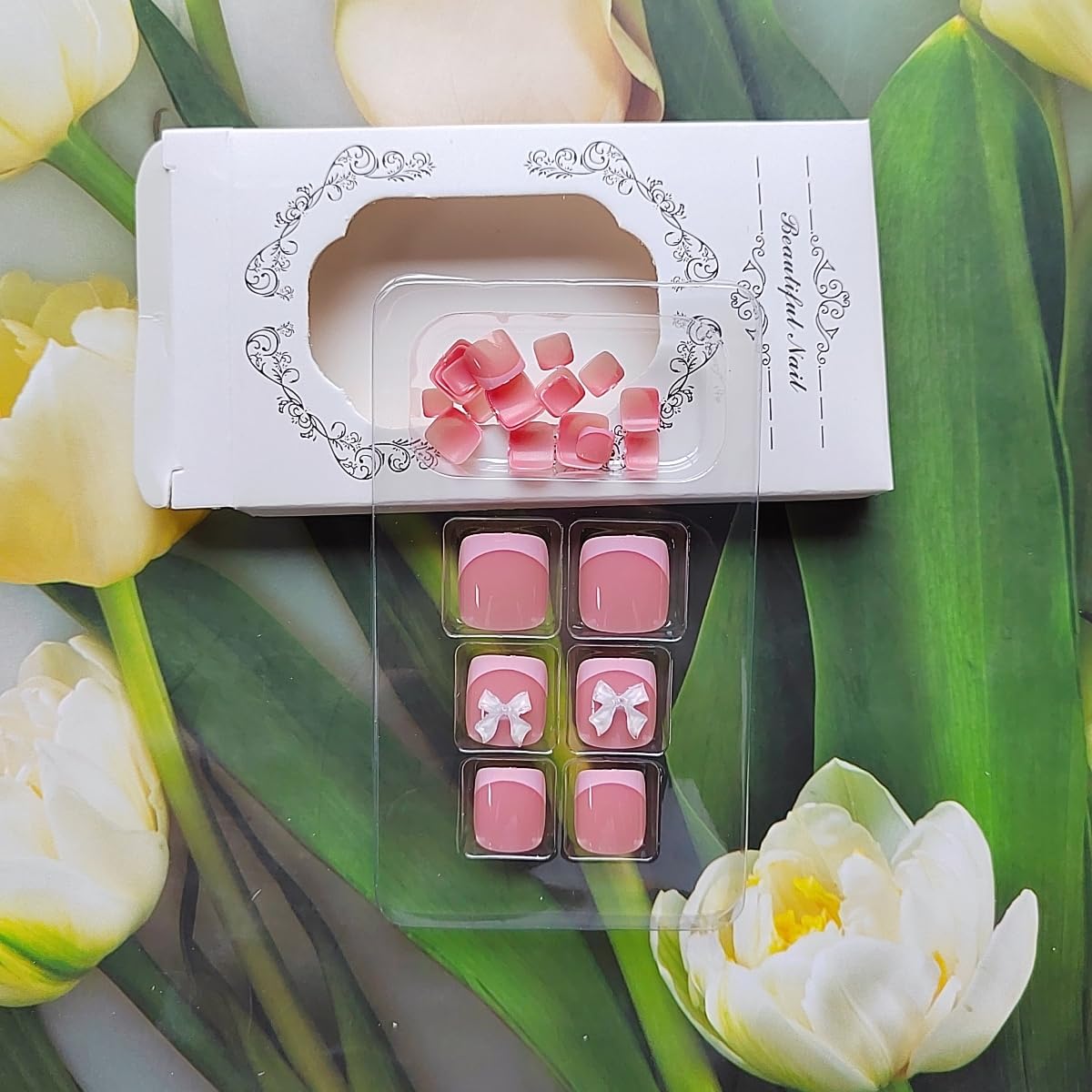 24Pcs Pink French Tip Press on Toenails Full Cover Short False Toenails with 3D Bow Charms Design Glossy Square Acrylic Toenails Pink Toe Nail Tips Glue on Toenails for Women and Girls Toenail Art