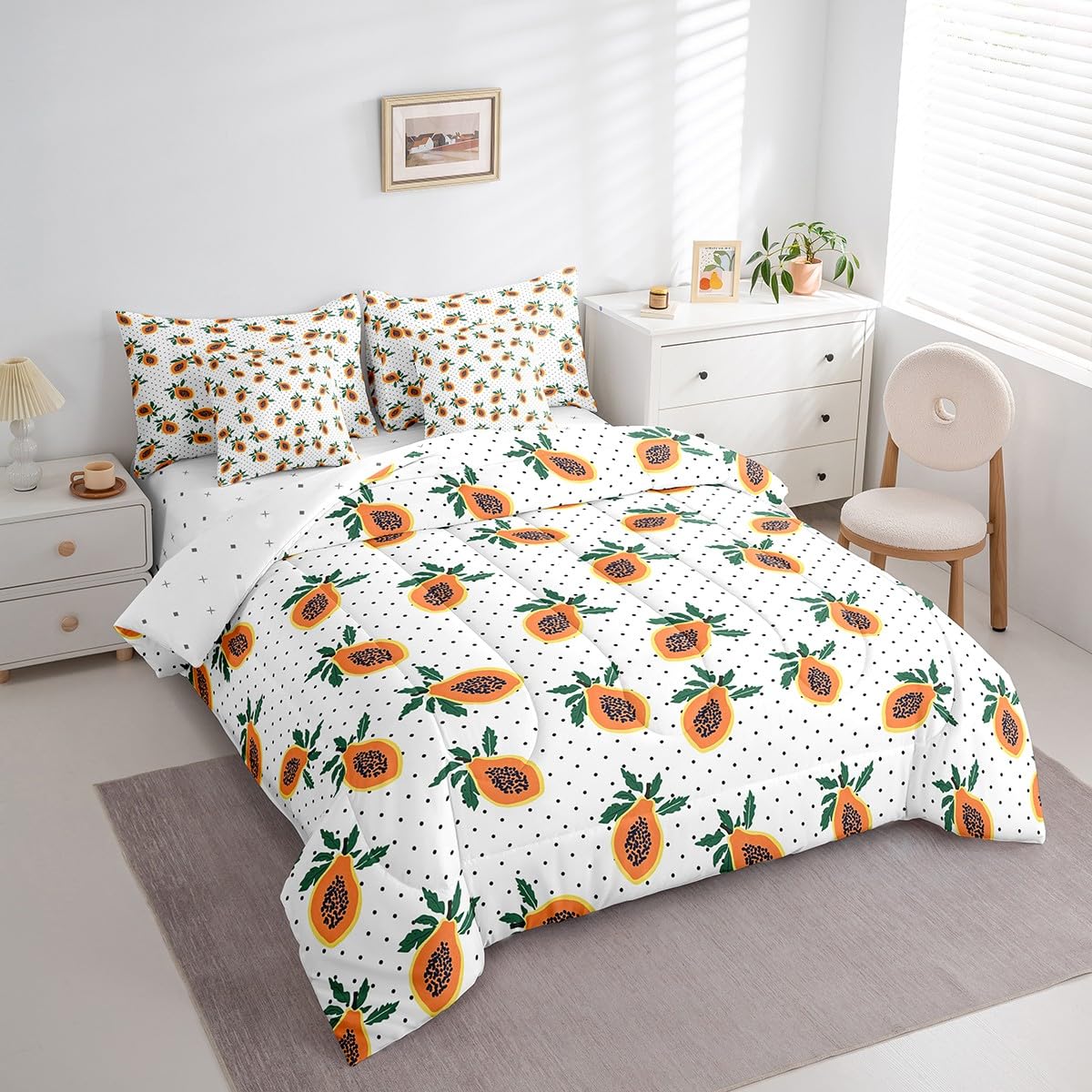Erosebridal Papaya Comforter Set 7 Piece Bed in a Bag Twin,Tropical Fruit Bedding Sets Funny Food Themed Comforter and Sheet Set,Green Leaves Leaf Cute Bed Set