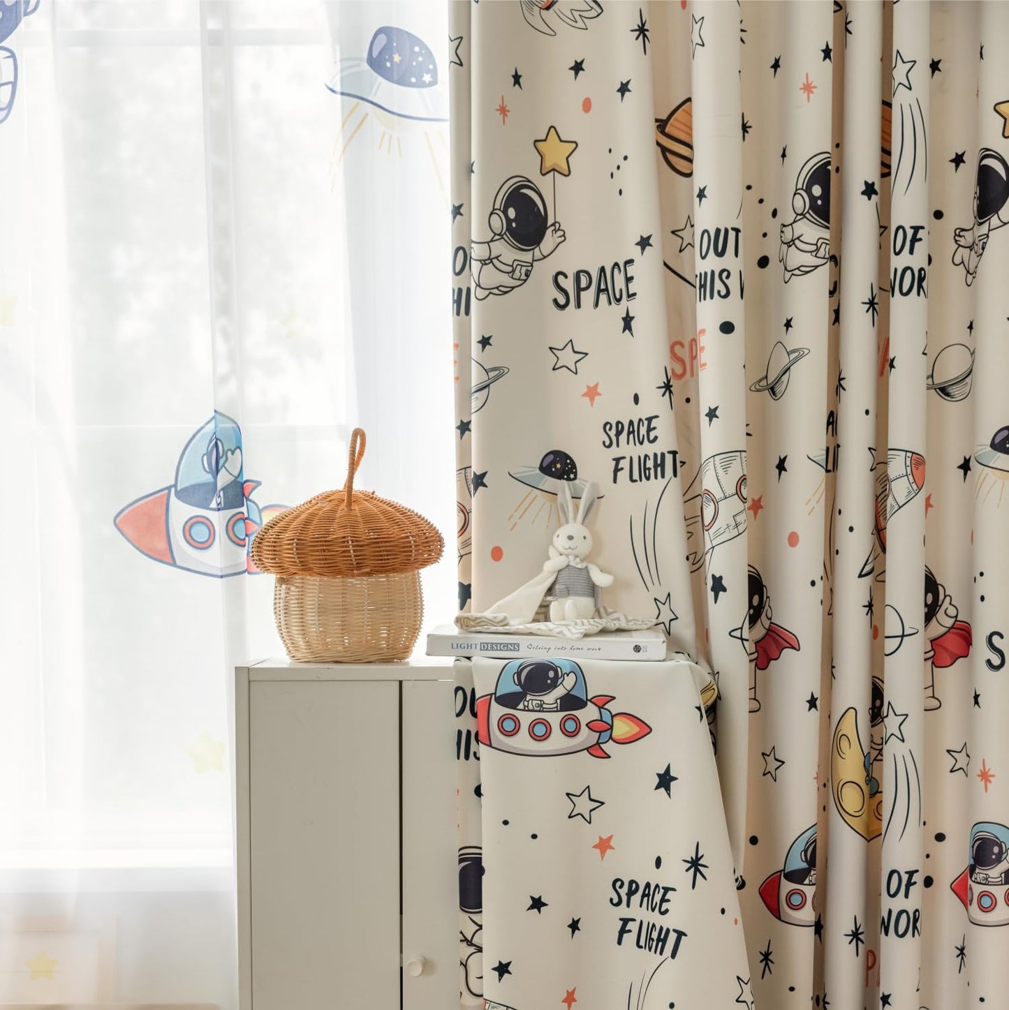 KMSG Cartoon Astronaut Theme Semi Blackout Curtains for Bedroom Living Room