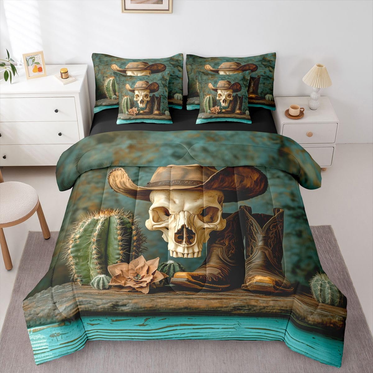 Erosebridal Cowboy Hat 7 Piece Bedding Set Queen Sugar Skull Comforter Set with Sheets Withered Flower Boots Cactus Farmhouse Bed in a Bag Western Theme Bronze Boho for Teens Men Women