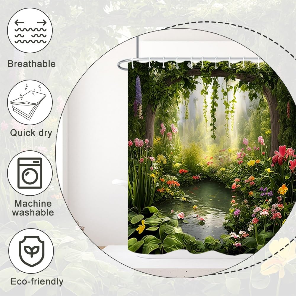 Ruelvth Enchanted Forest Shower Curtain, Nature Green Botanical Shower Curtains with Hooks Spring Floral and Leaves Waterproof Bathroom Decor, 72x72 inch