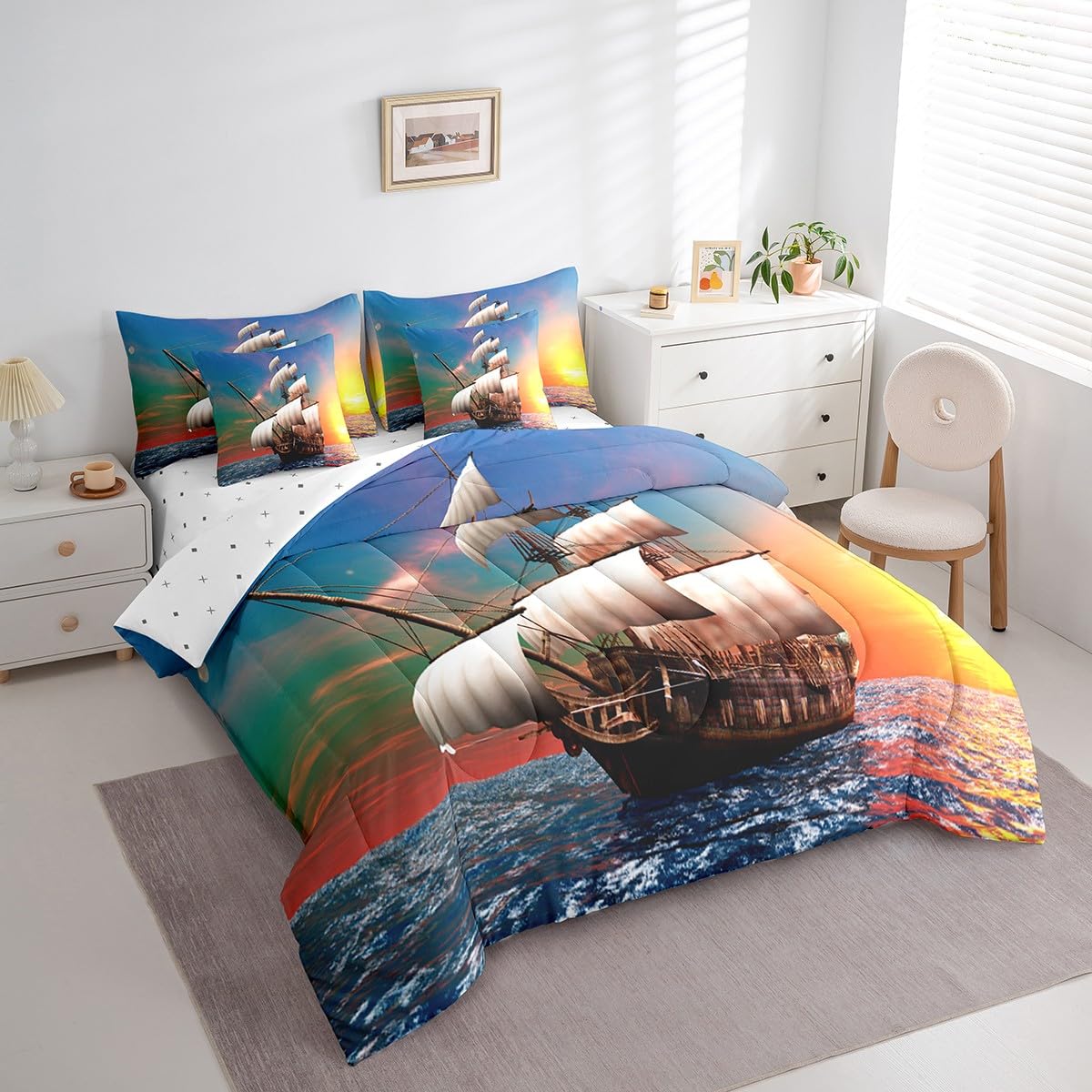 Erosebridal Sailboat 7 Piece Comforter Set Full Bed in a Bag,Pirate Ship Bedding Sets Sunset Ocean Decor Sheet Set with Comforter