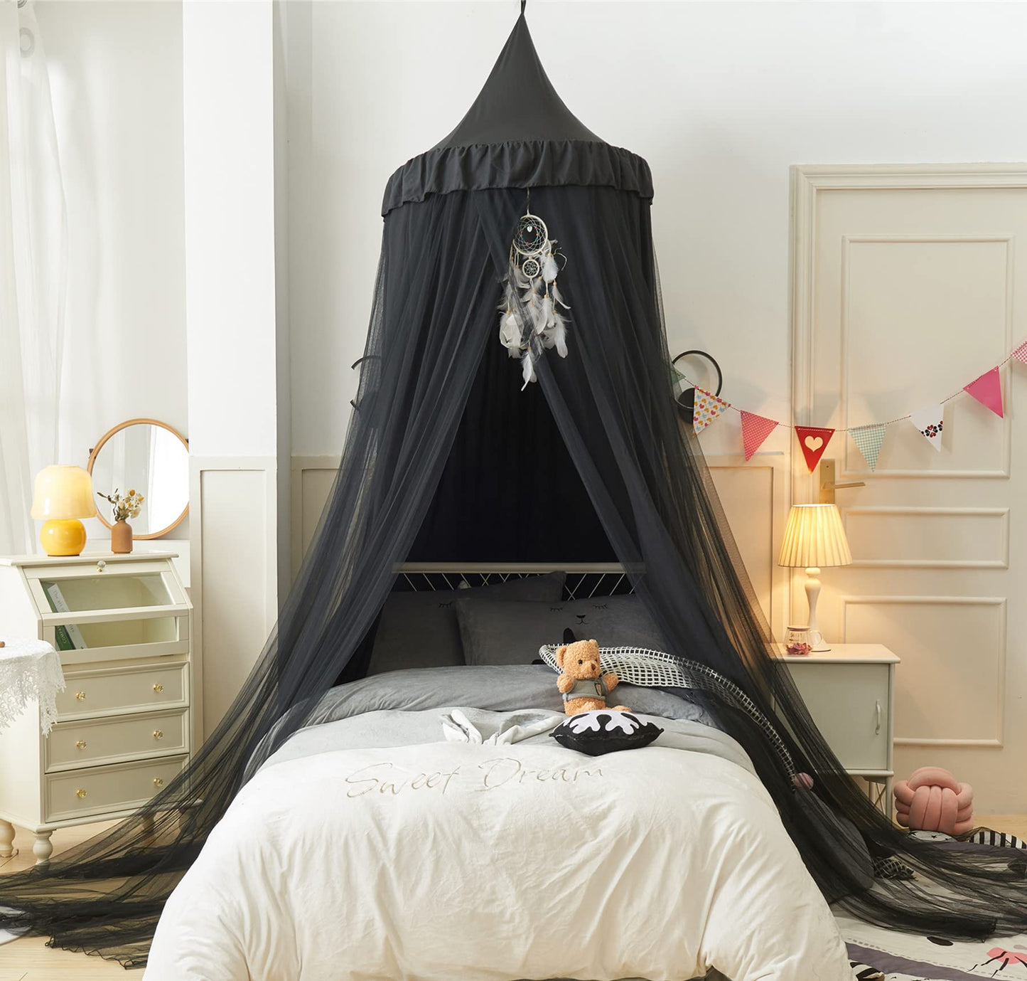 VETHIN Bed Canopy for Girls,Princess Round Dome Dreamy Mosquito Net Bedding Girls Room Castle Play Tent Hanging House Decor Reading Nook Canopies (Black/Black)