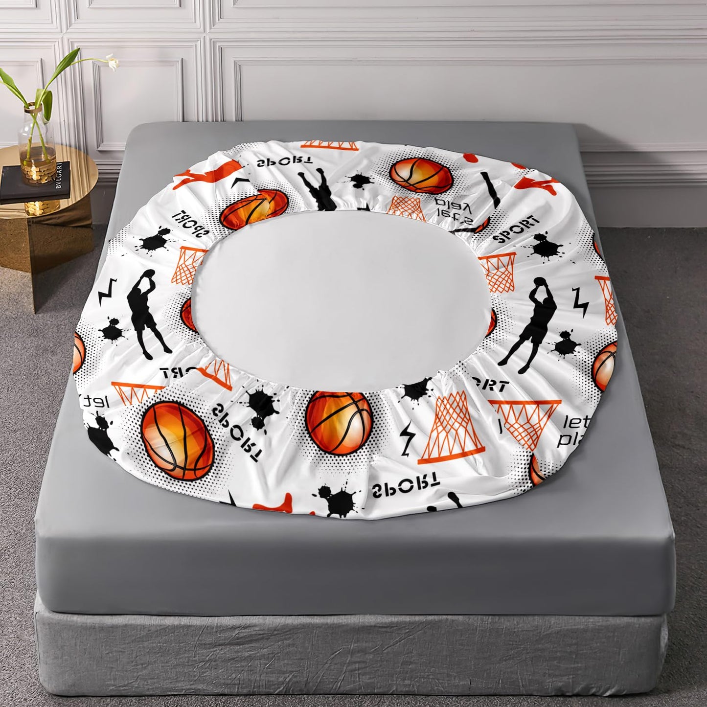 HOSIMA Basketball Twin Bedding Sets for Boys Room Decor,Various Postures of Shooting Print Fitted Sheet,Basket and Basketball Pattern Teens Sports Bedding,1 Fitted Sheet+2 Pillowcases.