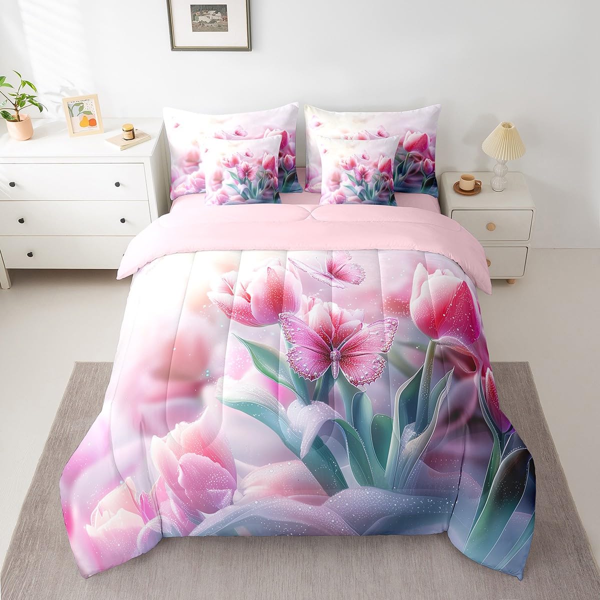 Feelyou Kids Floral Flower 7 Pieces Bedding Set Queen Size, Valentine's Day Bed in A Bag Romantic Comforter Set with Sheets Boys Girls Butterfly Teens Bed Set Bedroom Decor 7Pcs