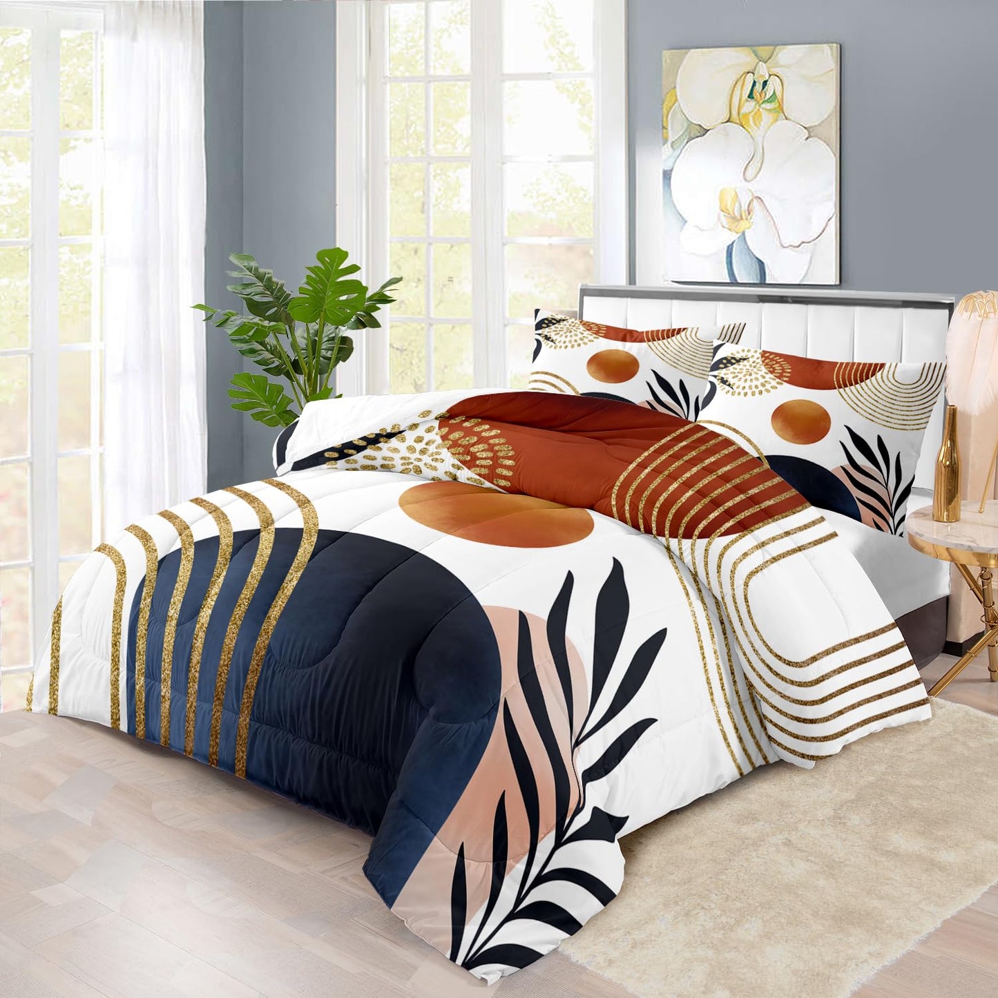 llyxsesty Geometric Yellow Comforter Set King,Mid Century Modern Bedding Set for Kids and Adults,Gold Boho Comforter Bedroom Decor,Shabby Chic Bedding Boho Room Decor